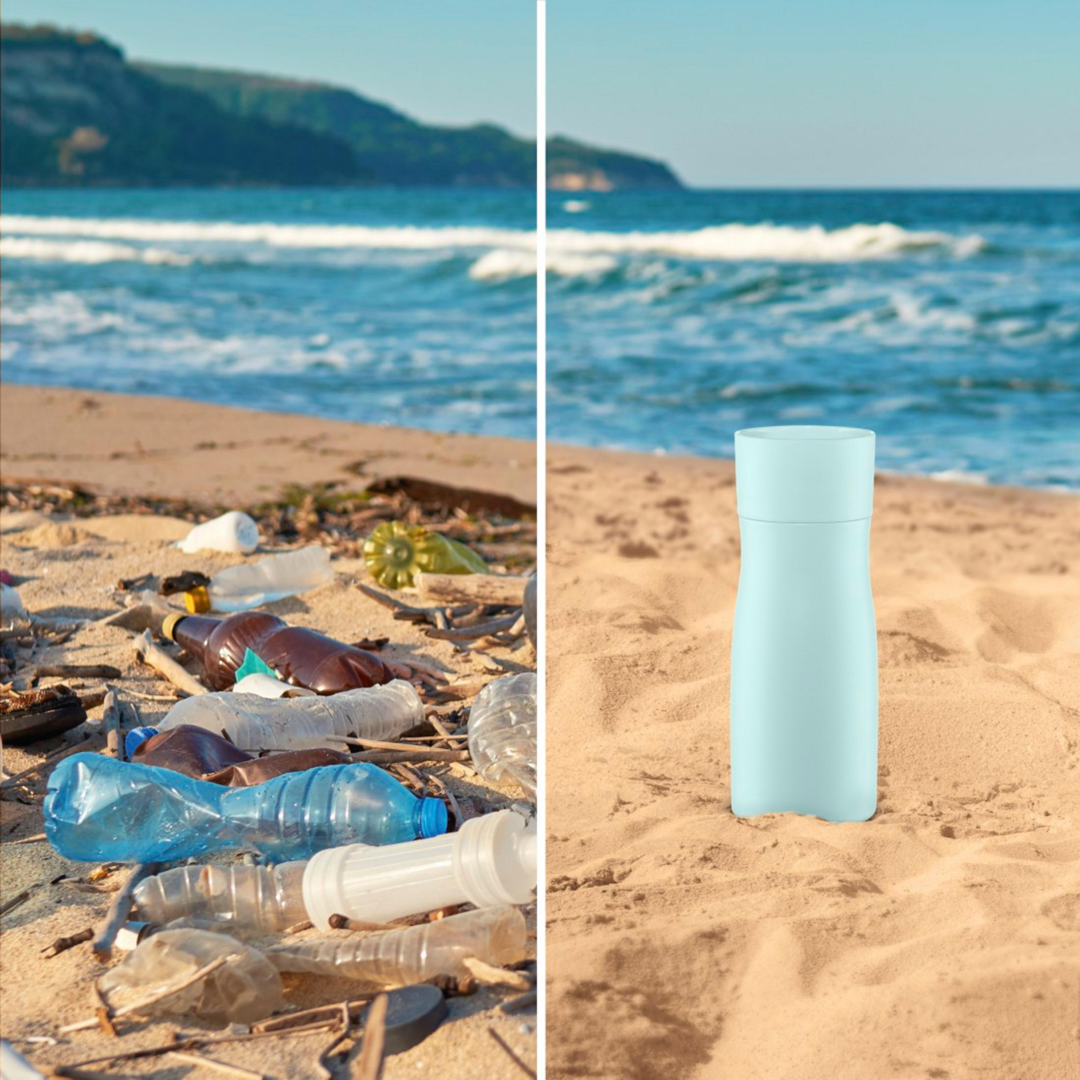 Eine geteilte Ansicht: Links ist ein verschmutzter Strand mit Plastikmüll, rechts ein sauberer Strand mit einer blauen Flasche.