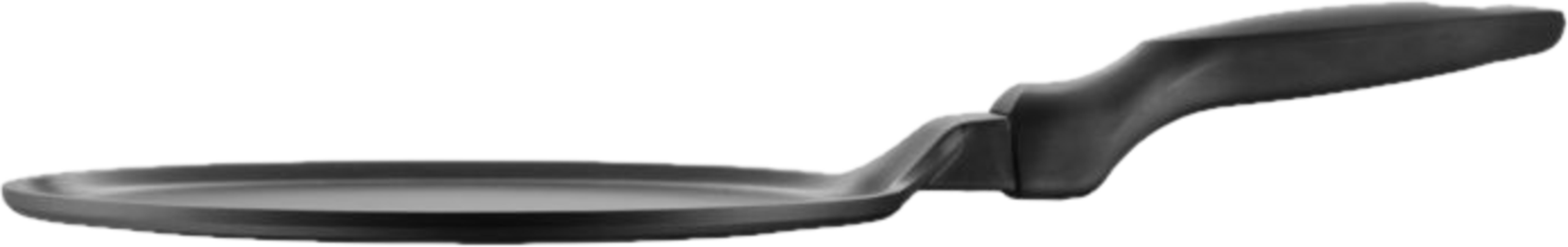 Czarna patelnia z rączką, widziana z boku.