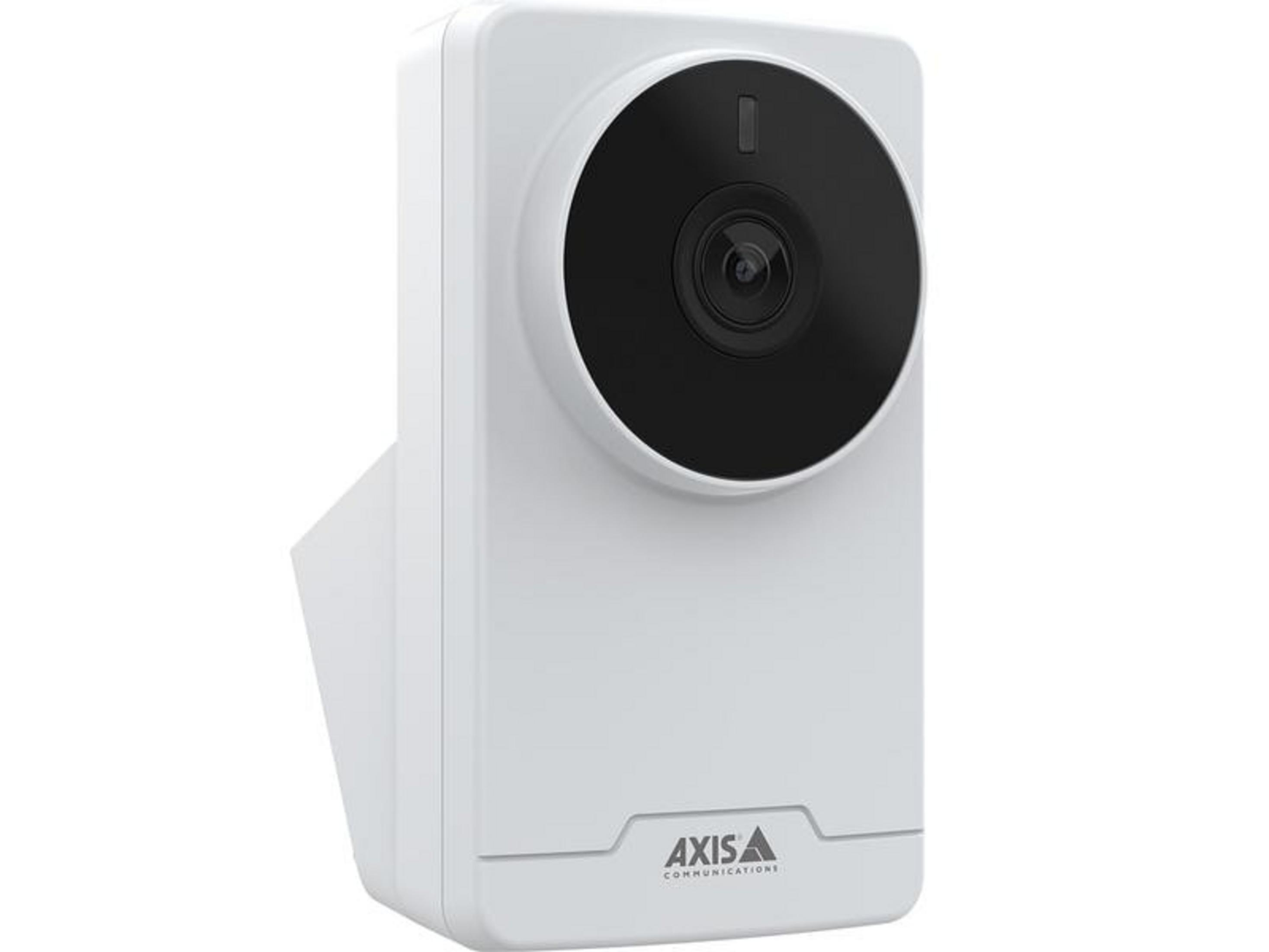 Biała kamera bezpieczeństwa z czarnym obiektywem i logo na dole.