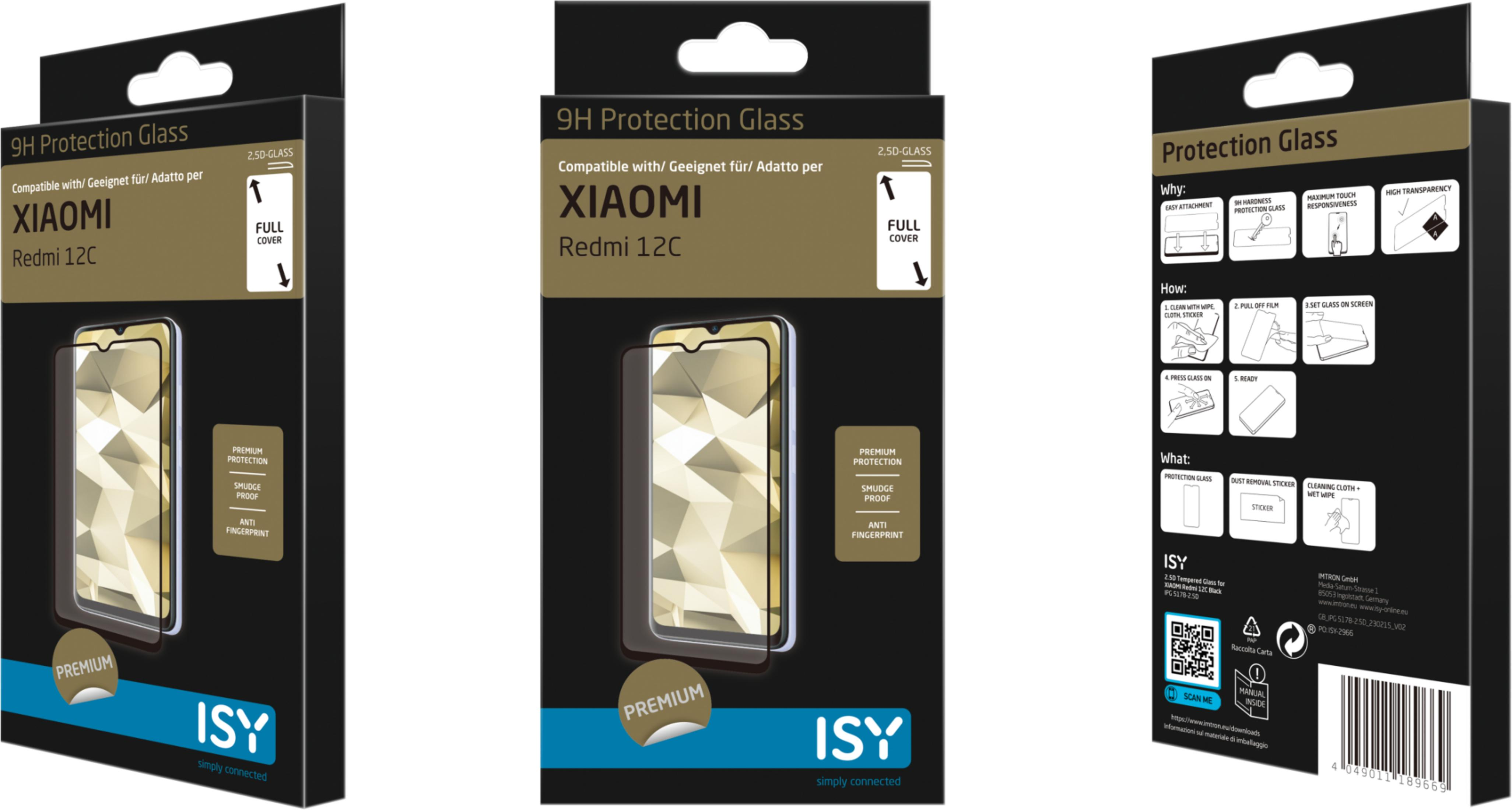 Verpackung für Displayschutzglas für Xiaomi Redmi 12C, mit Installationsanleitung.