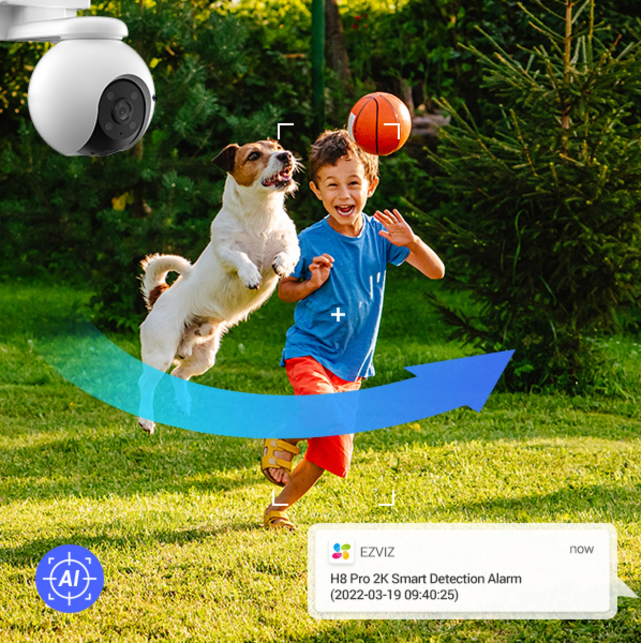 Chłopiec i pies bawią się na trawie. Widoczna kamera. Alarm AI.