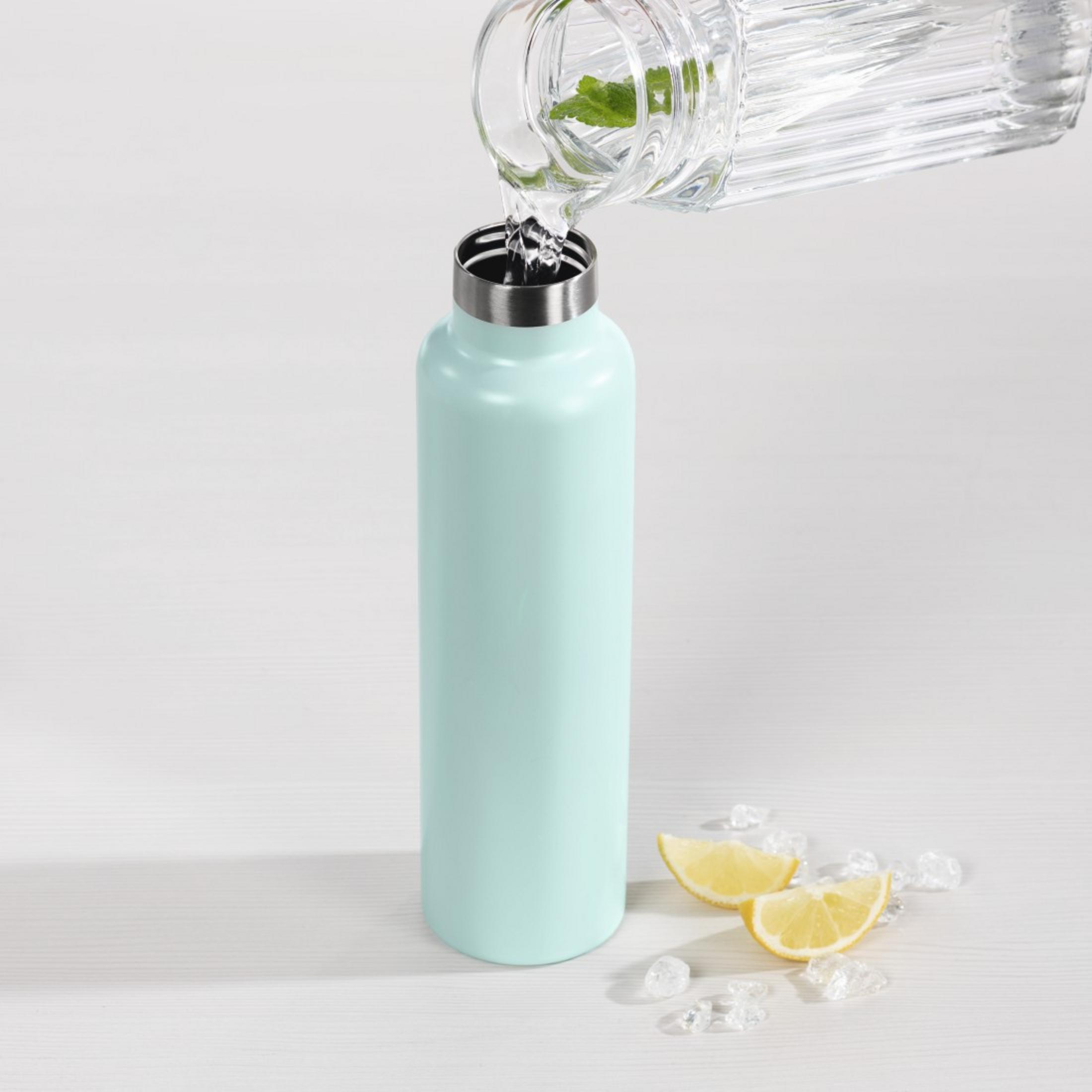 Wasser wird aus einem Glas in eine mintgrüne Flasche gegossen, daneben liegen Zitronenscheiben und Eis.