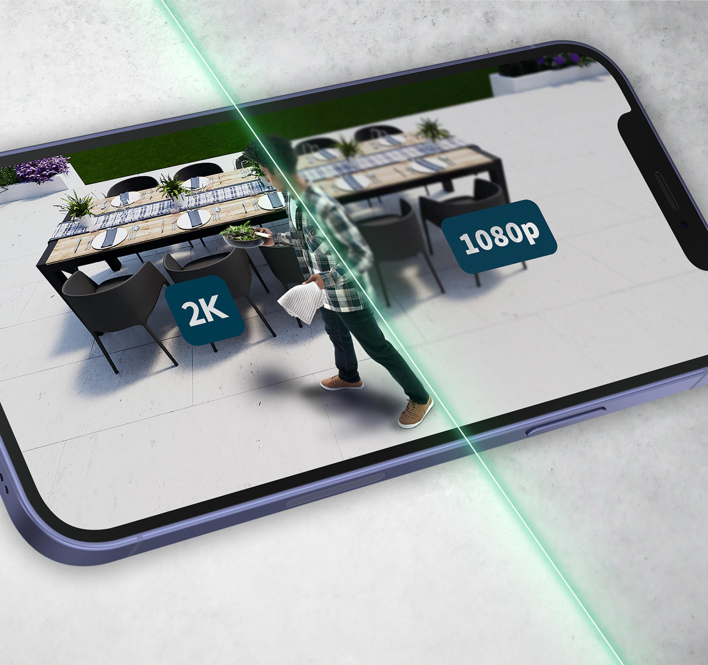 Mężczyzna z miską sałatki i ściereczką przed stołem, wyświetlacz 2K/1080p.