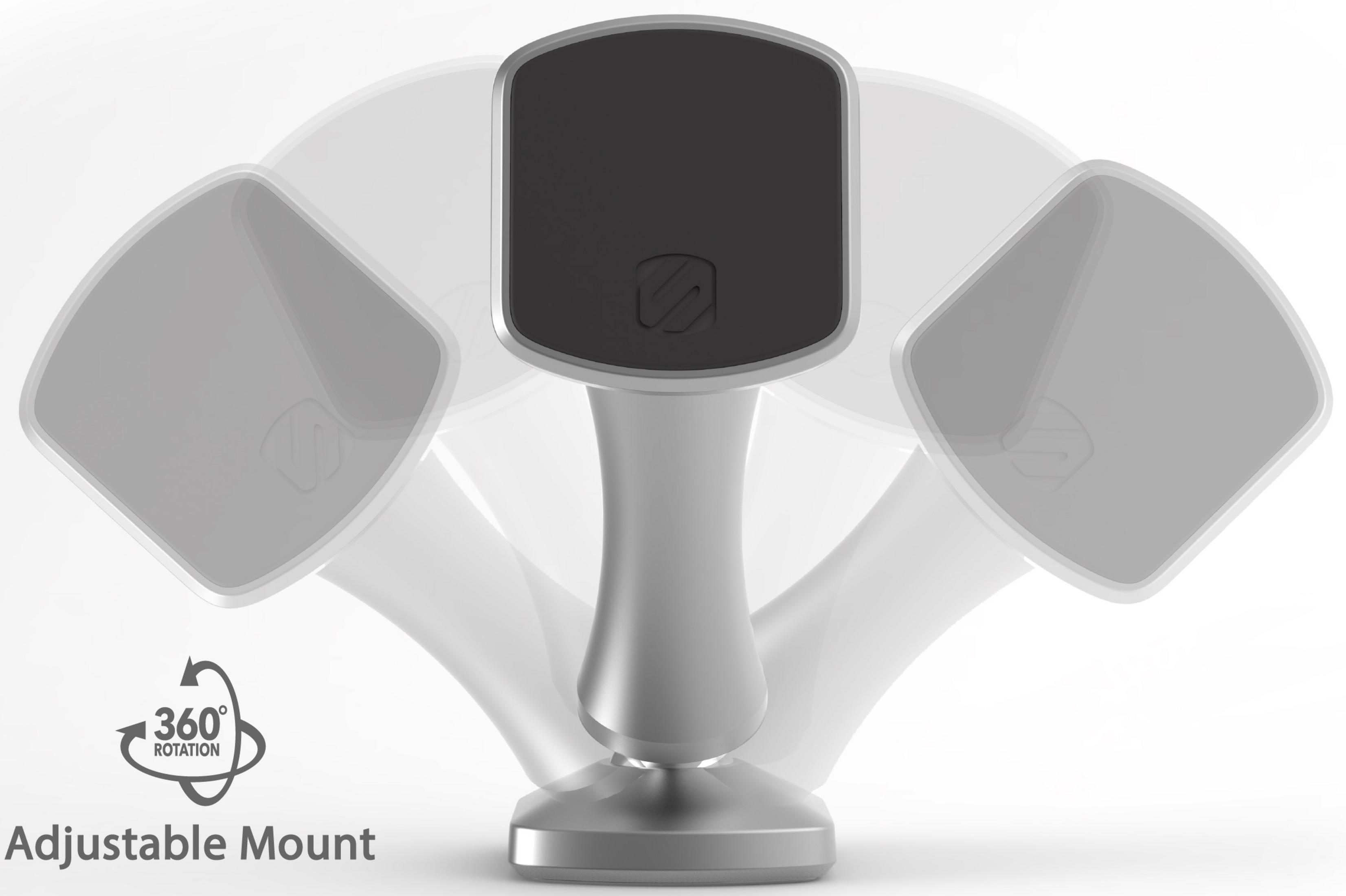 Un support de téléphone argenté à rotation 360 degrés. Support réglable.