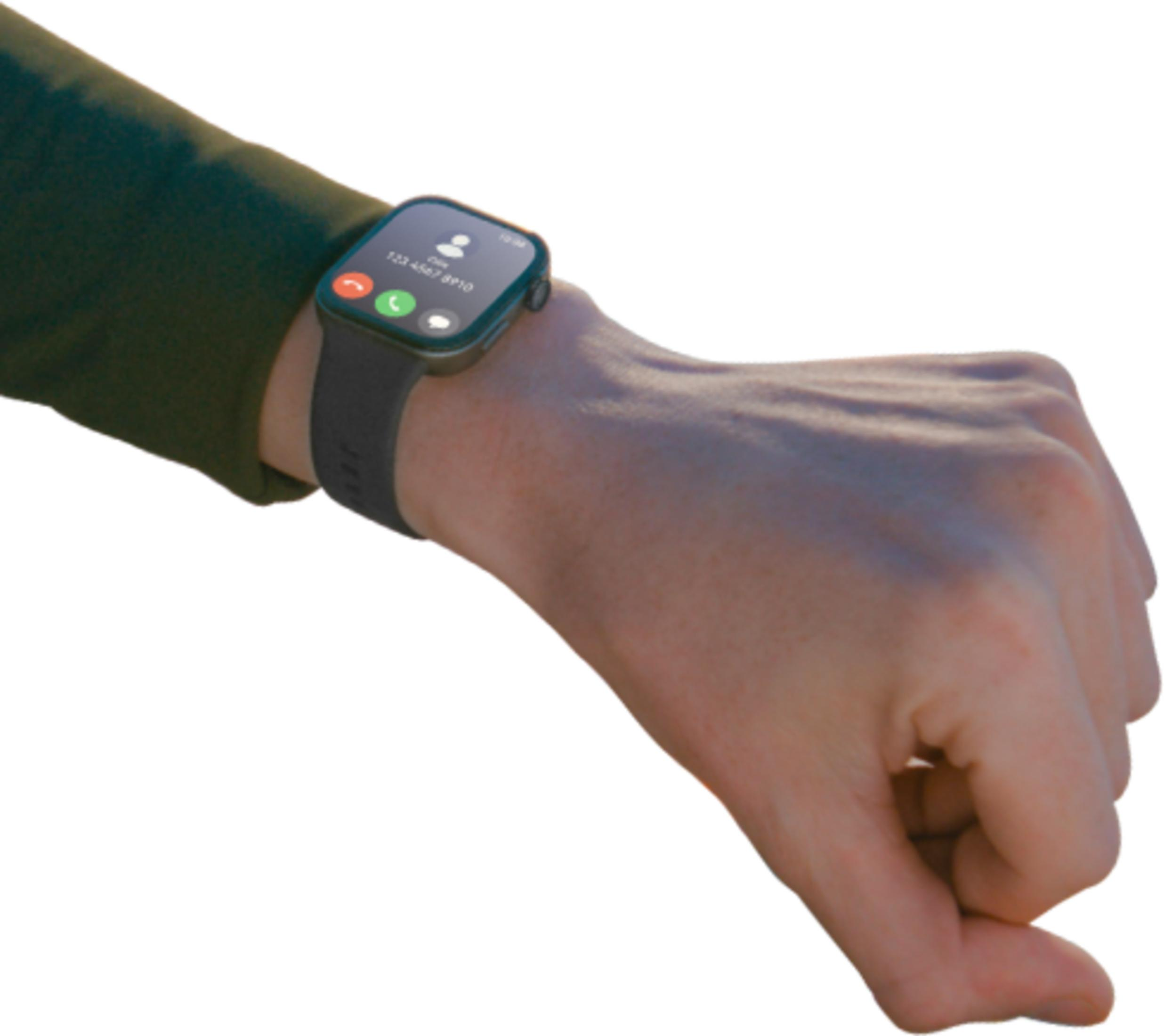 Een hand met een smartwatch die een inkomende oproepscherm toont.