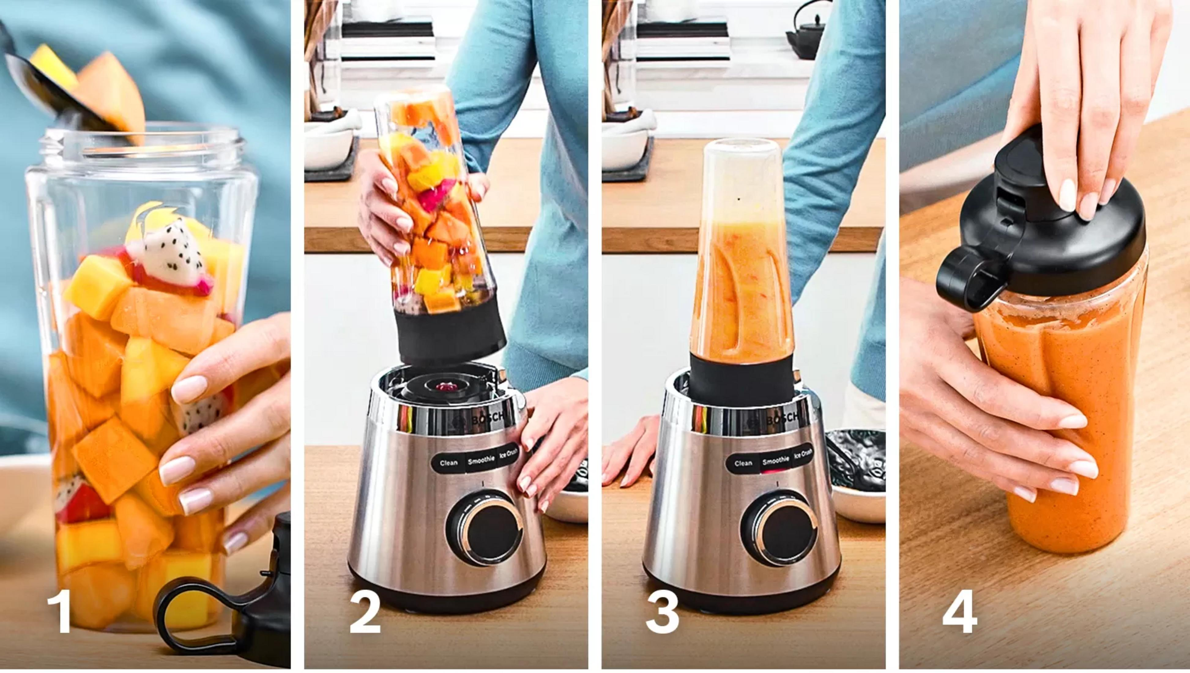 Vorbereitung eines Smoothies in vier Schritten: Früchte einfüllen, mixen, fertig.