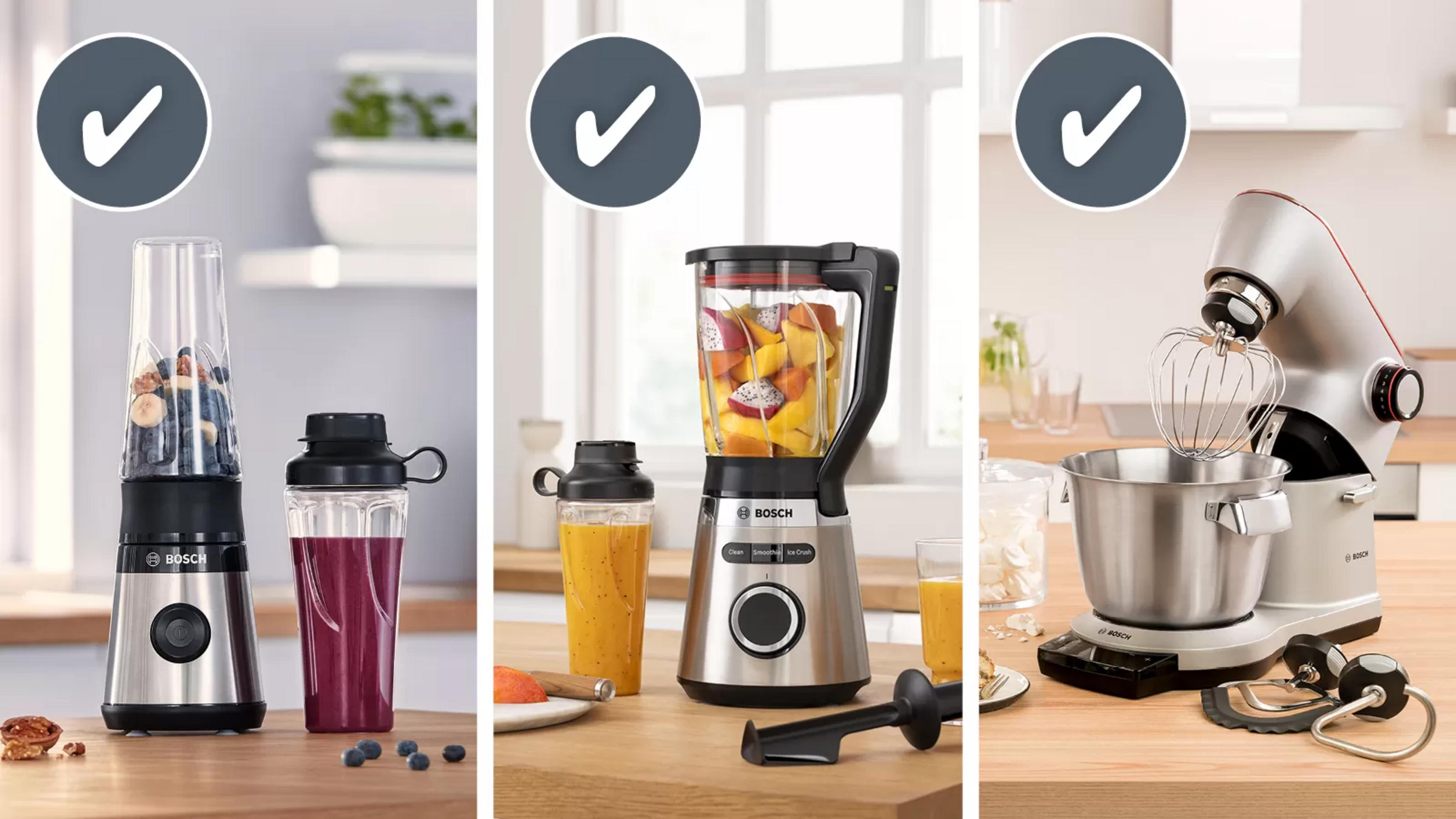Drei Bosch Küchengeräte: Mixer mit Beeren, Mixer mit Obst, Küchenmaschine.
