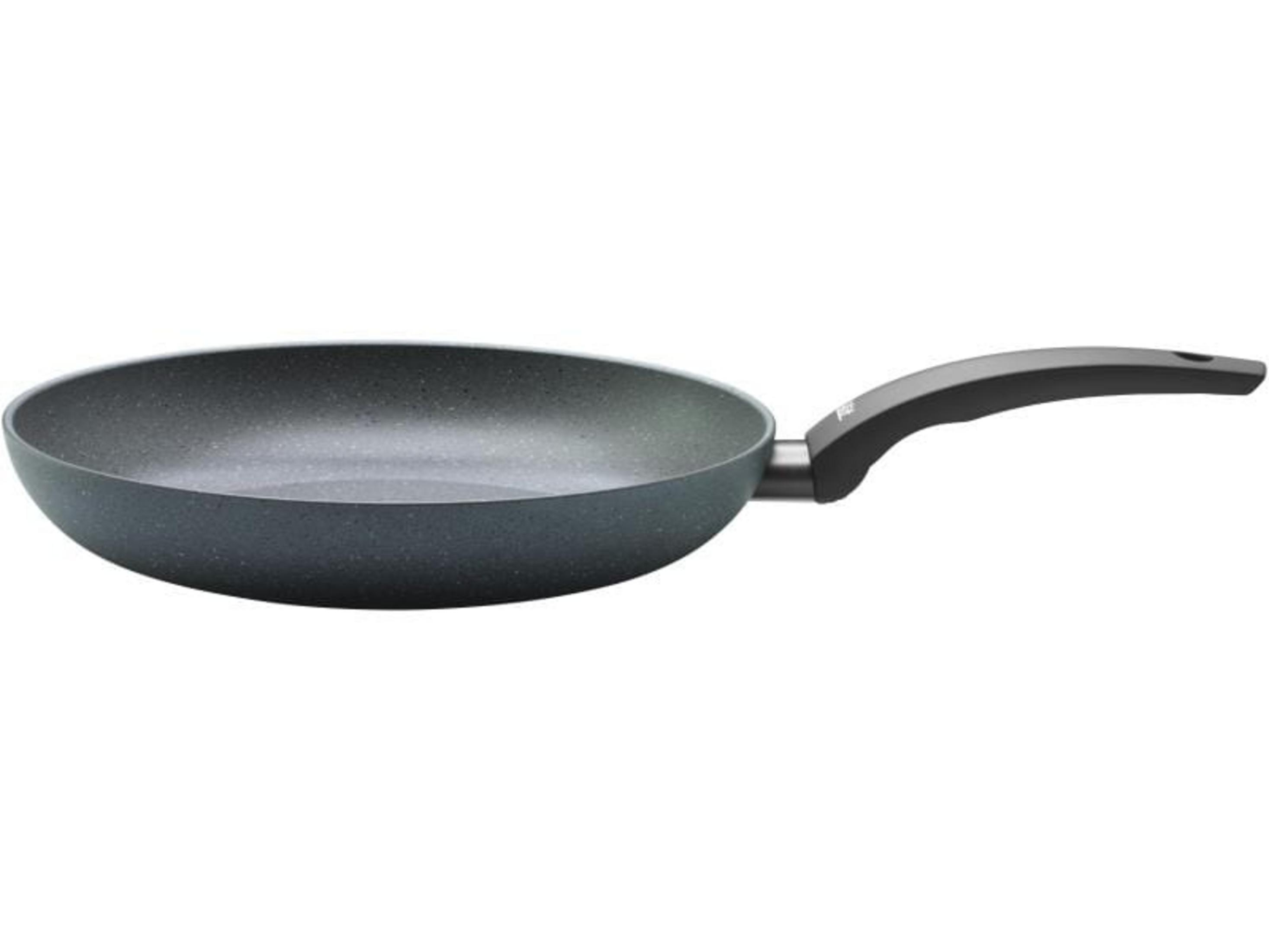Poêle gris foncé avec manche noir, sur fond blanc.