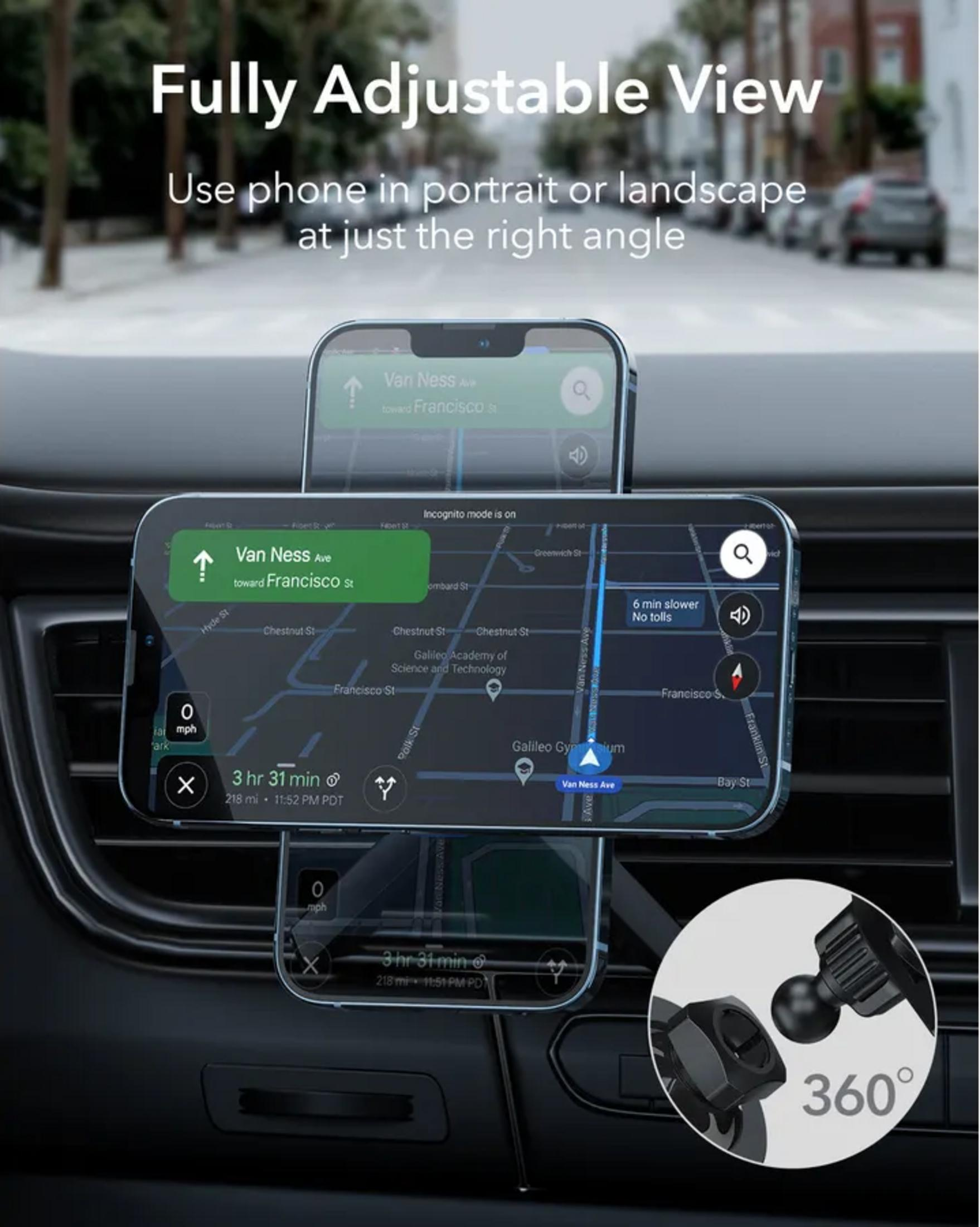 Zwei Handys mit Navigations-Apps auf dem Armaturenbrett. Eines zeigt 360° Verstellbarkeit.