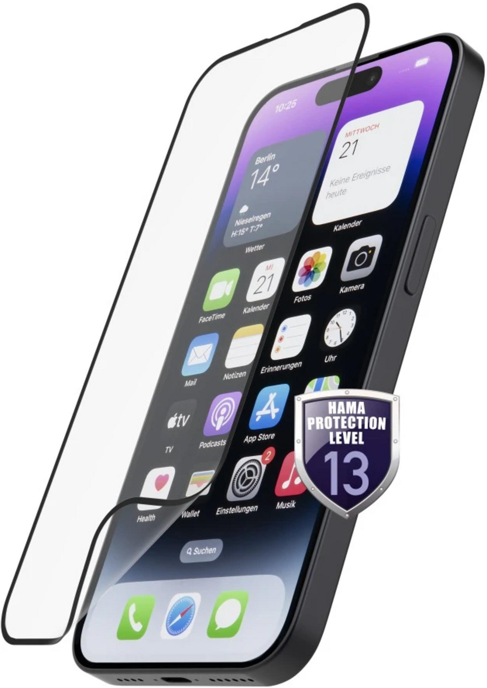 Smartfon z osłoną ekranu po lewej stronie. Widoczne widżety pogody i kalendarza.