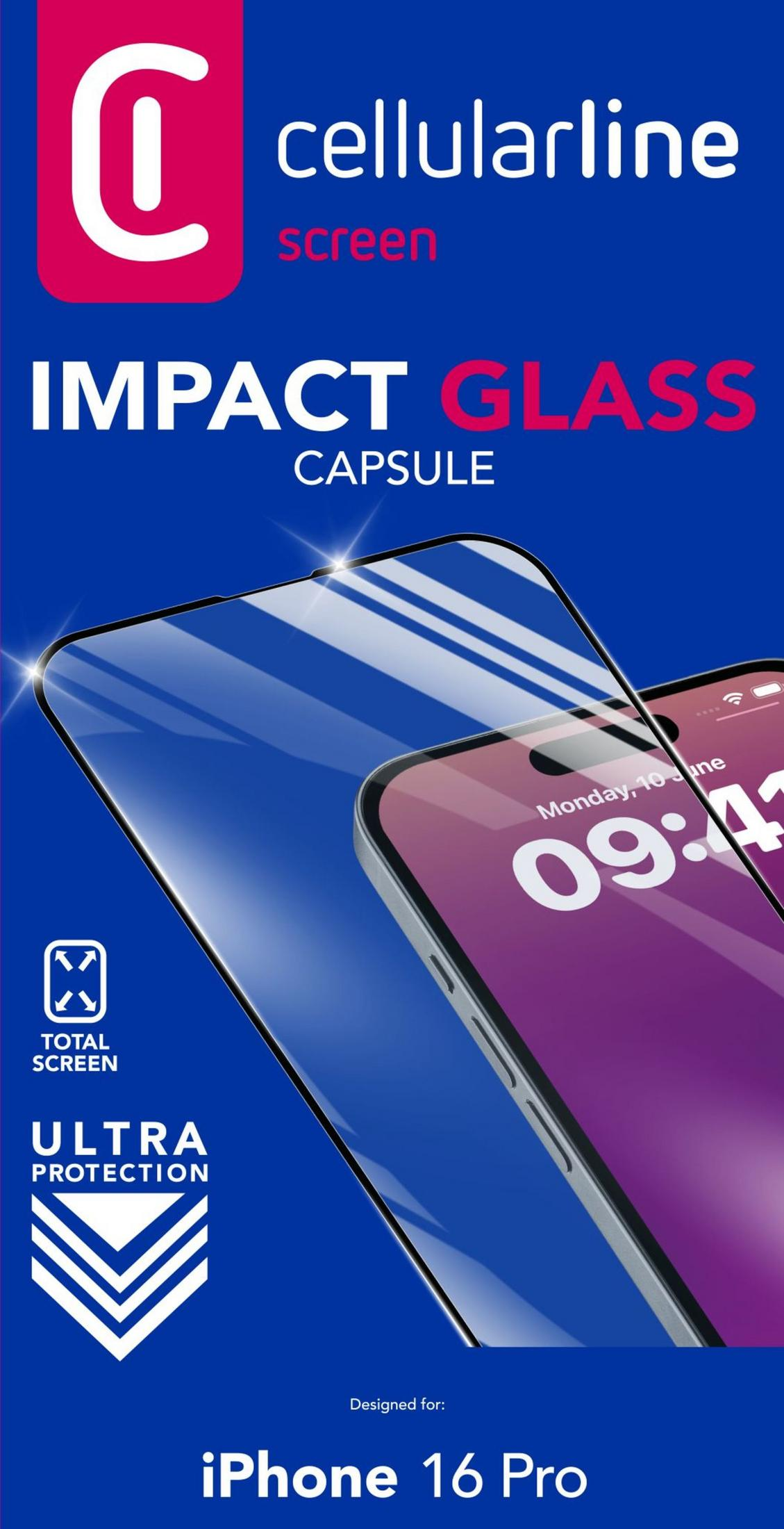 Cellularline Impact Glass do iPhone 16 Pro z ultra ochroną.