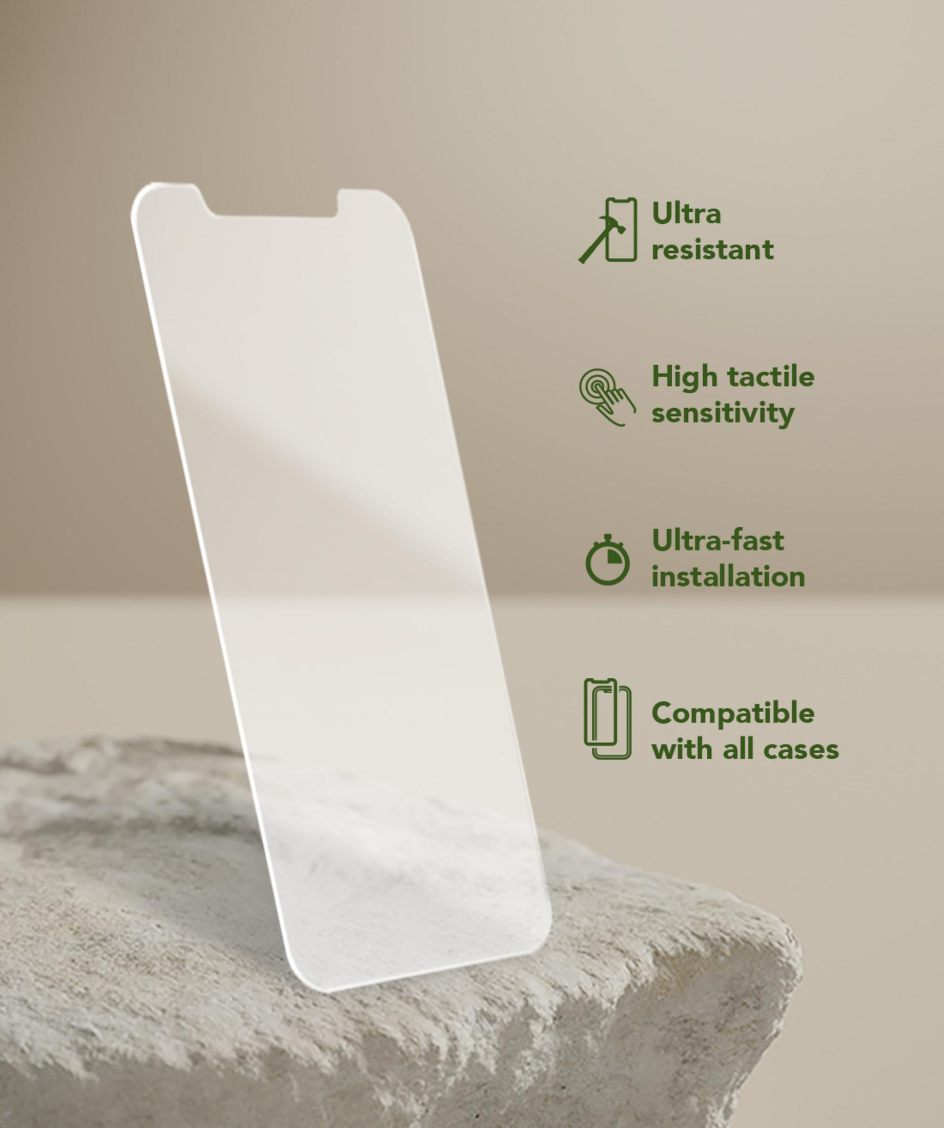 Screenprotector met iconen: ultra-resistent, hoge tactiliteit, snelle installatie, case-compatibel.