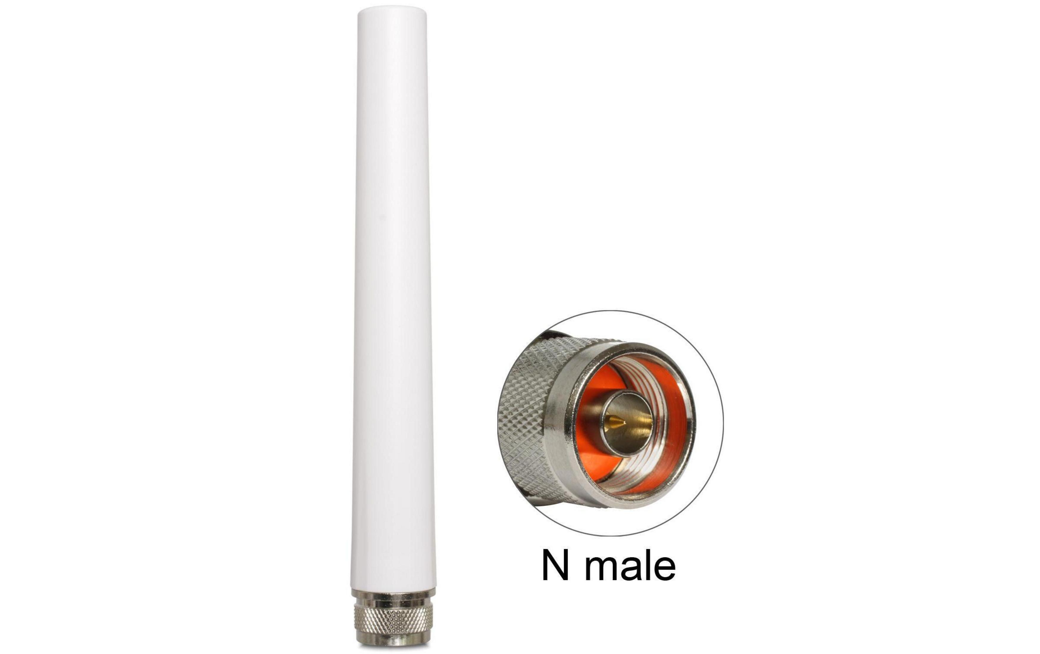 Un'antenna bianca a stilo con dettaglio connettore N maschio.
