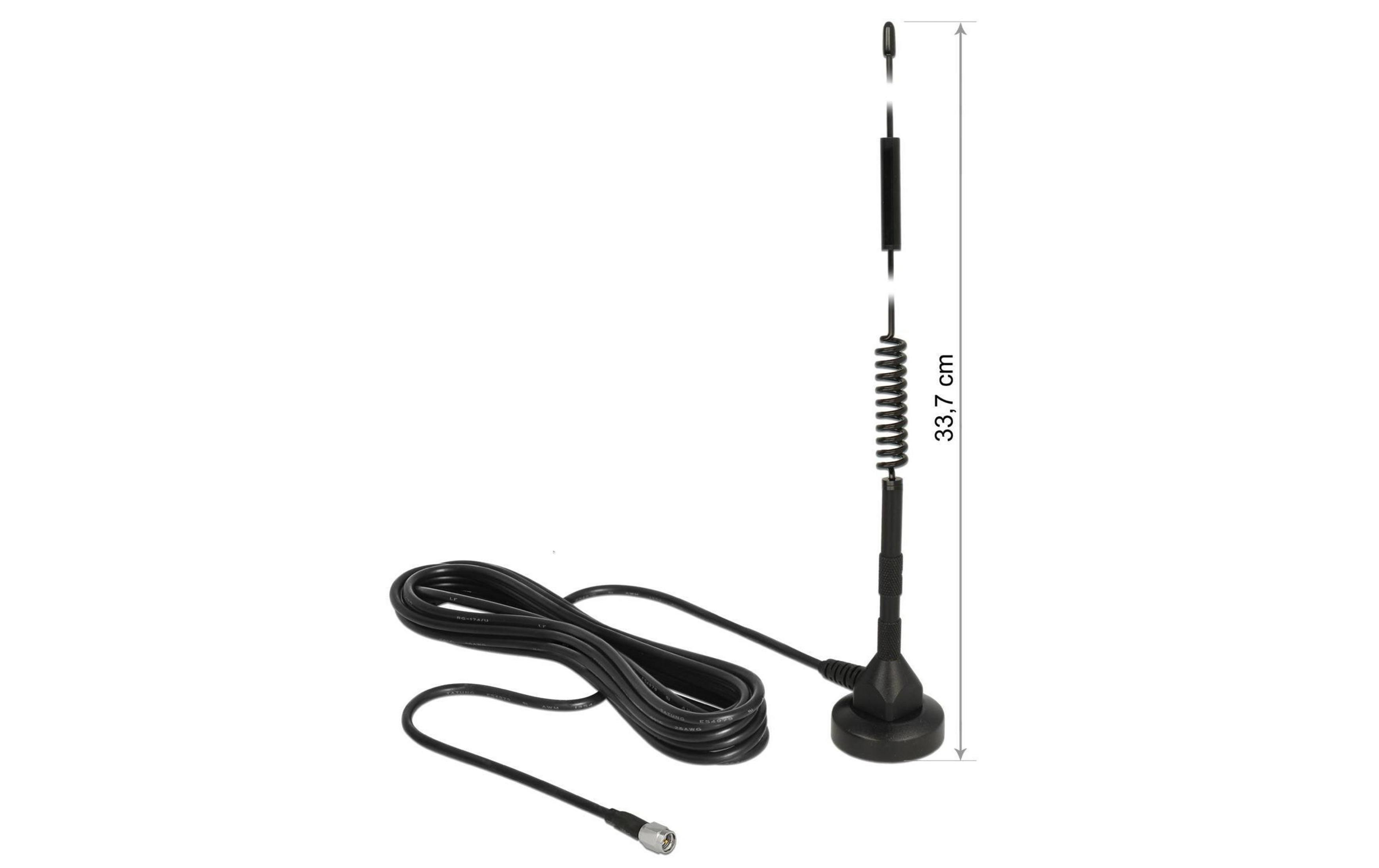 Antenna nera con spirale, cavo e base magnetica. L=33,7 cm.