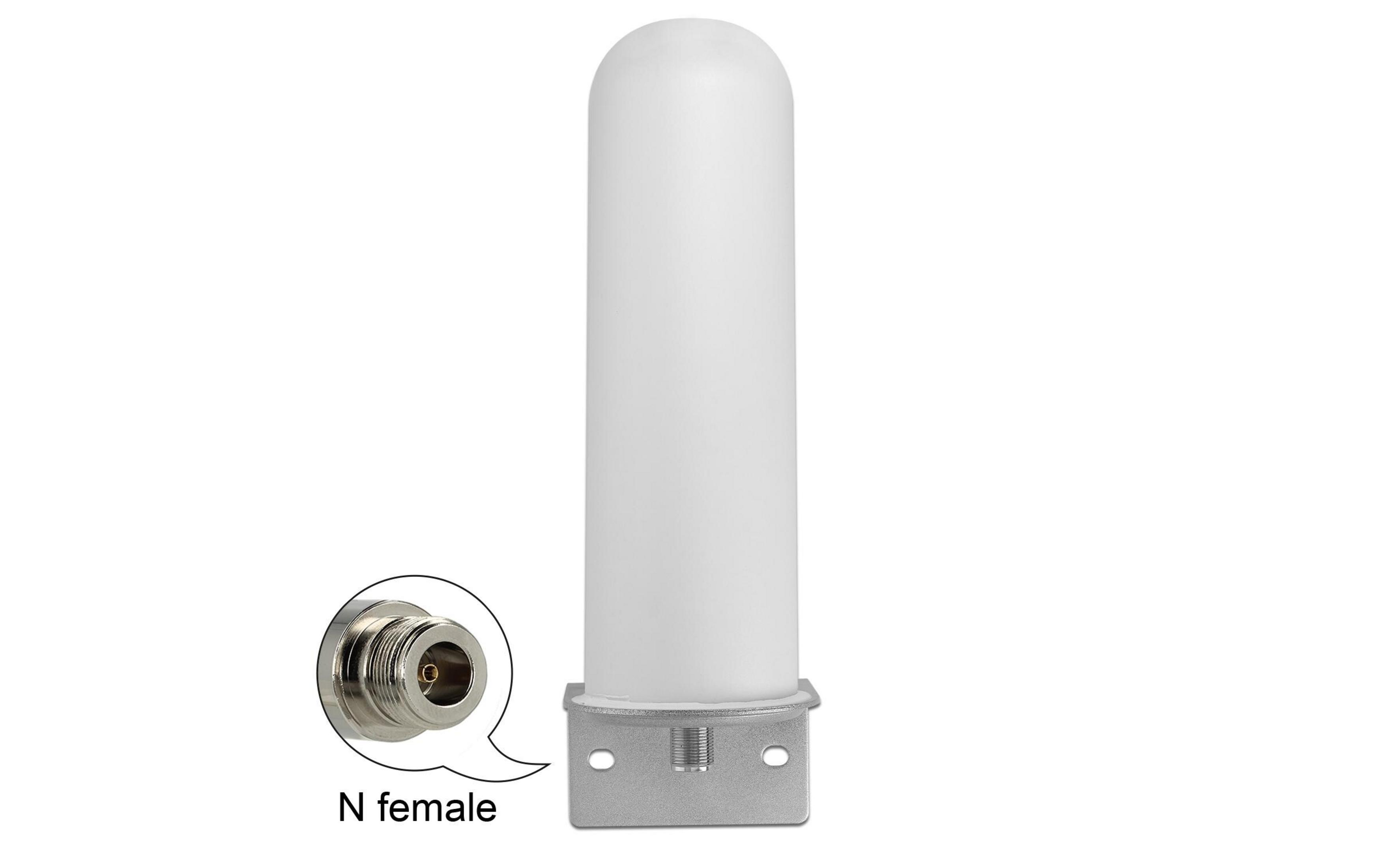Un'asta antenna cilindrica bianca con supporto metallico e connettore femmina N.