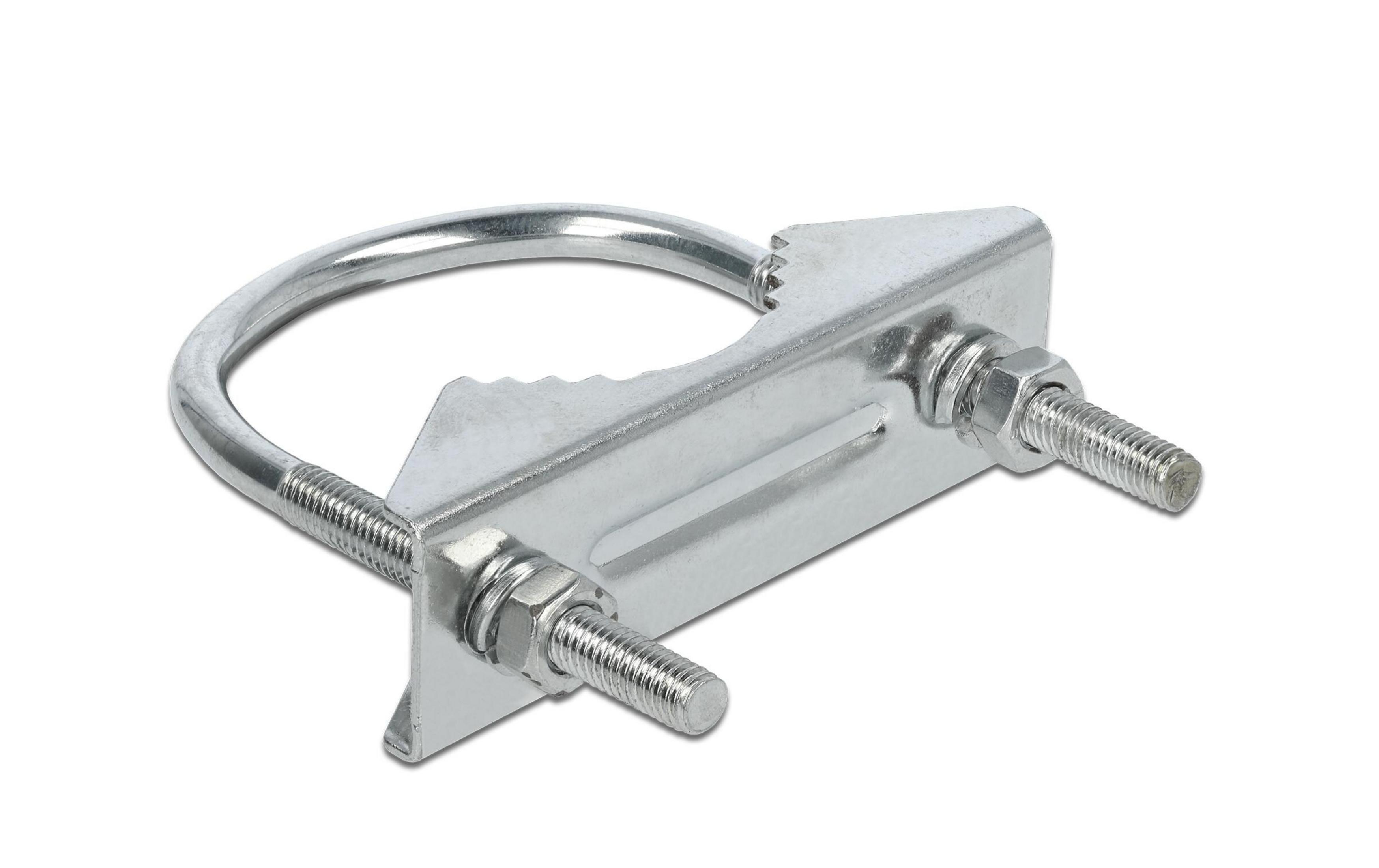 Morsetto metallico con due bulloni e dadi su sfondo bianco.