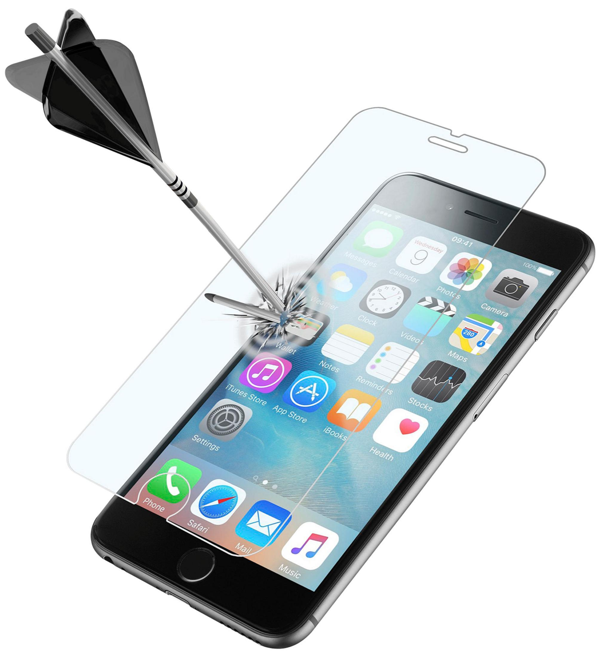 Una freccetta perfora una protezione per schermo su uno schermo iPhone.