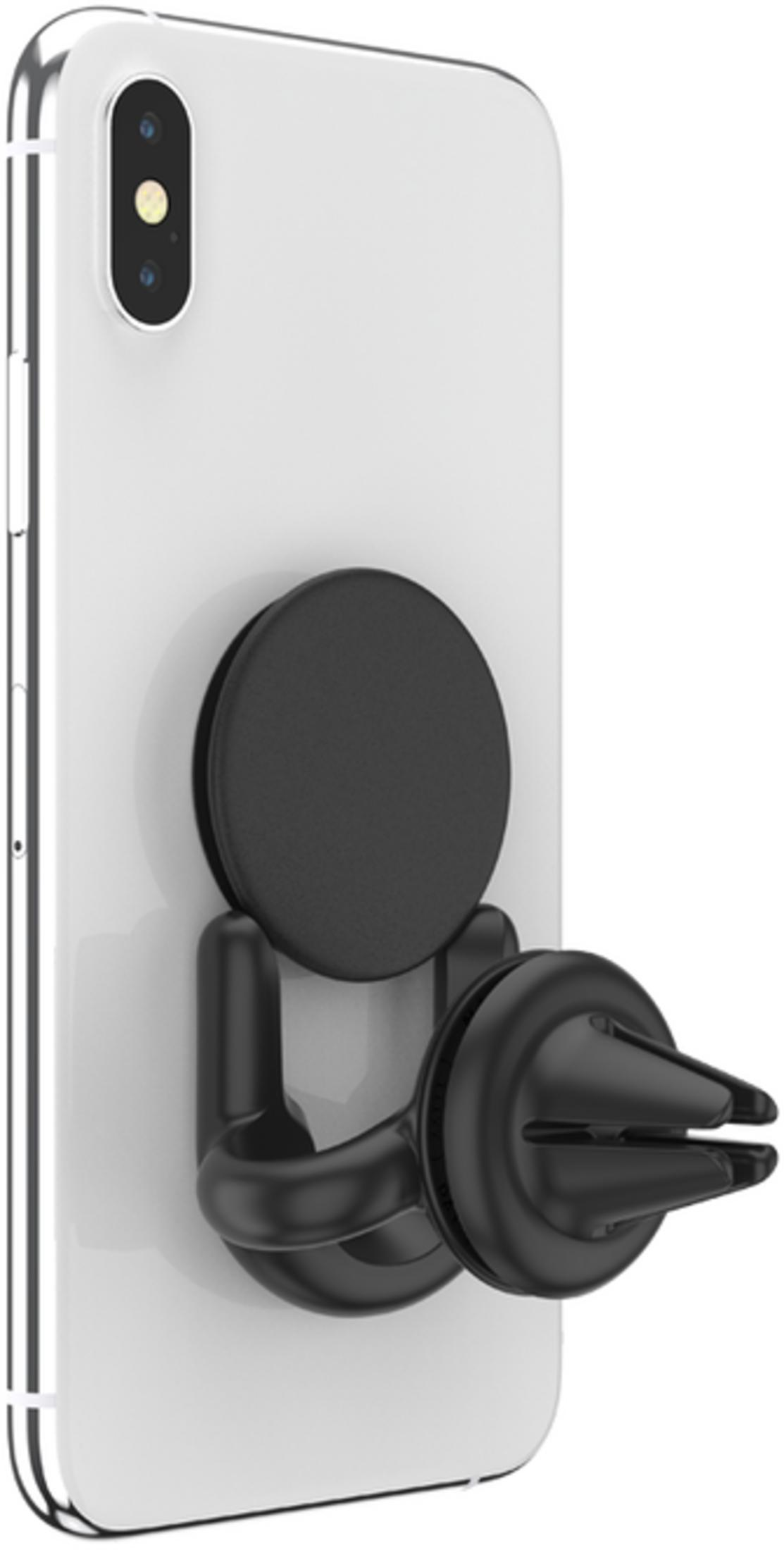 Un soporte negro para teléfono con clip para ventilación, fijado a un smartphone blanco.
