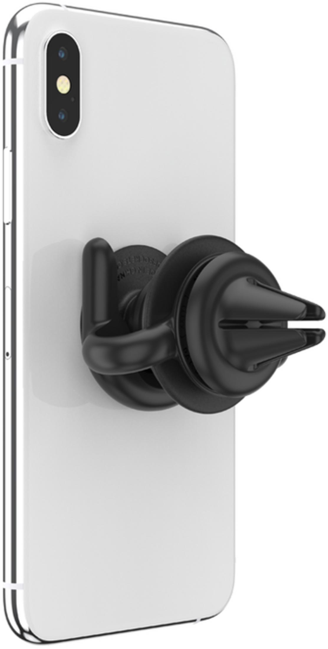 Un soporte negro para ventilación de coche en un smartphone blanco.