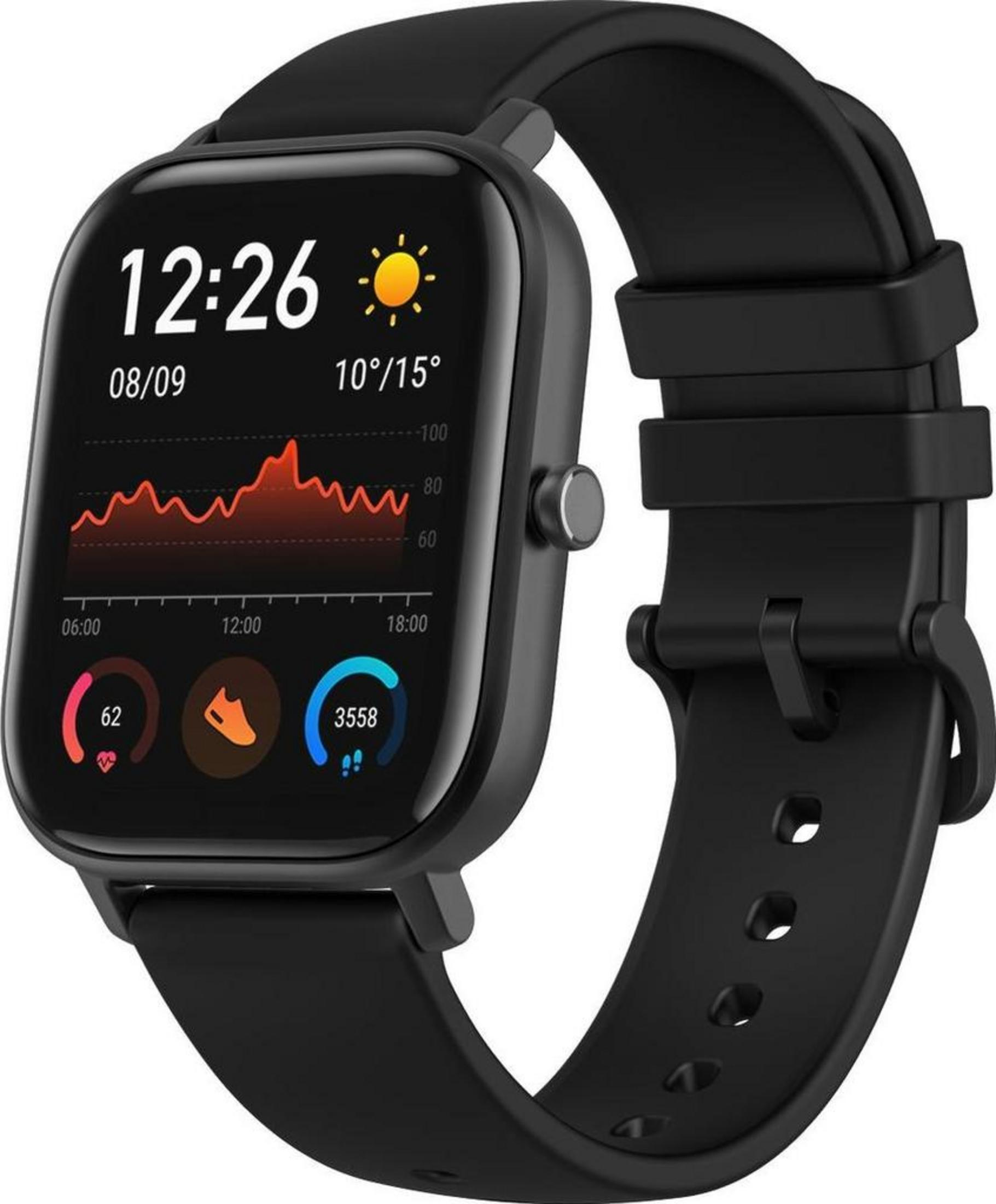 Smartwatch nero con ora, data, meteo e statistiche di attività.