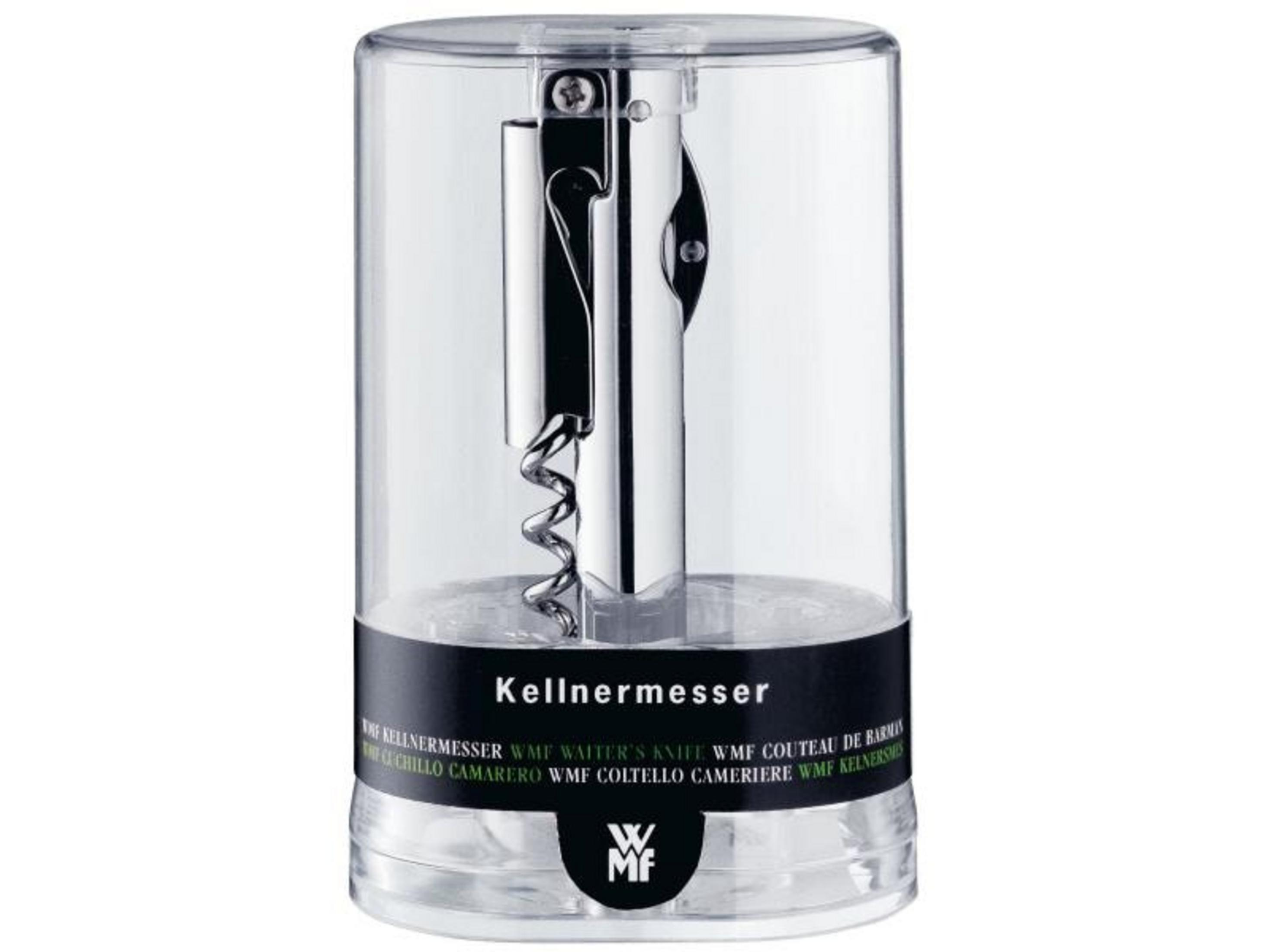 Ein silberner Kellnermesser in einem transparenten Behälter mit schwarzem Band.