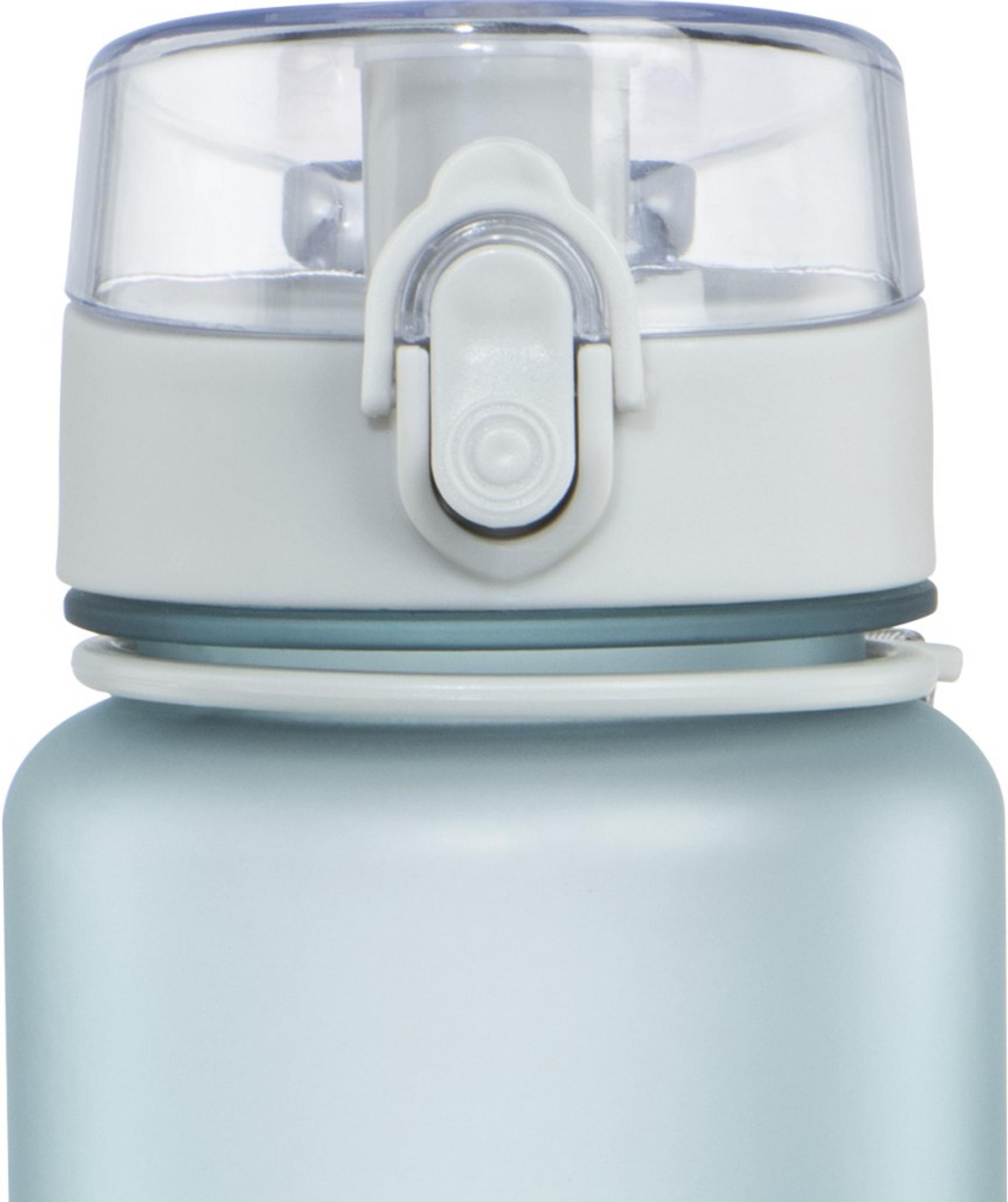Hellblaue Wasserflasche mit weißem Deckel und Klappverschluss.