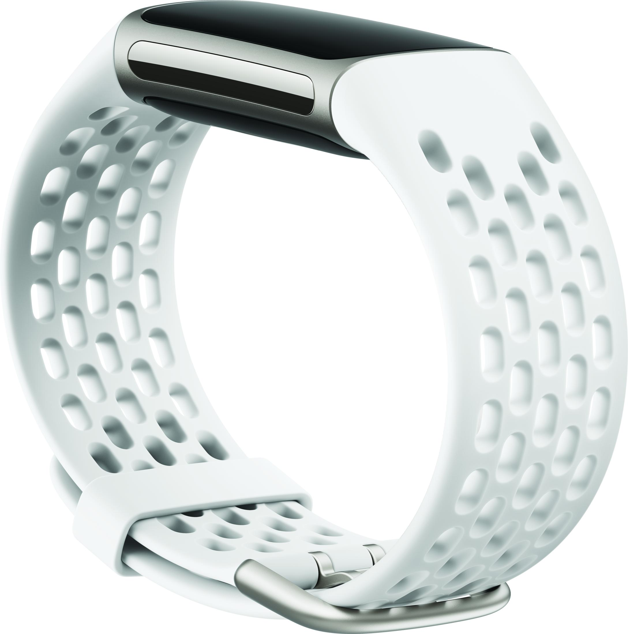Ein weißes Fitnessarmband mit silbernem Verschluss und schwarzem Display.