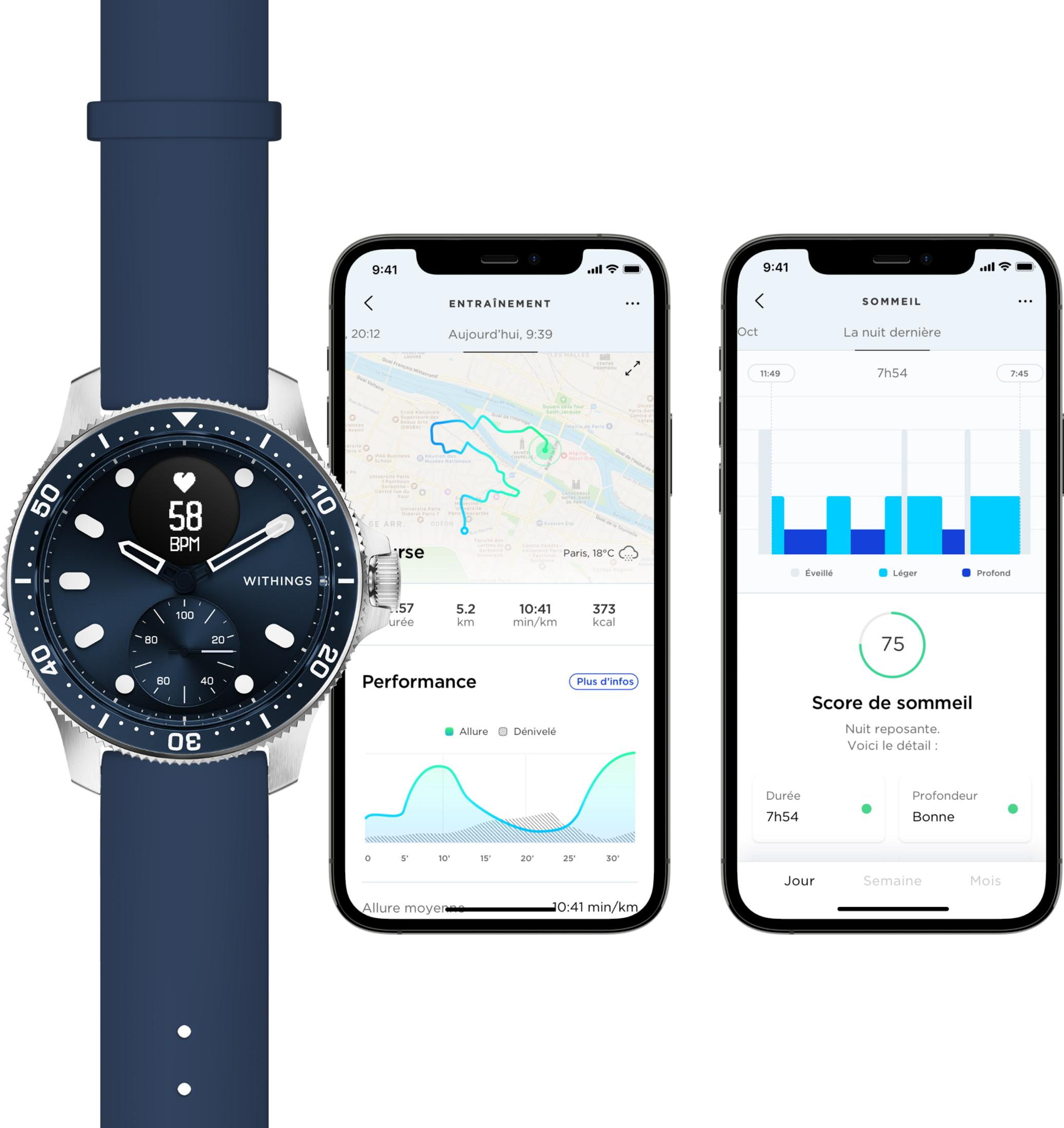 Drei Geräte: Smartwatch mit Herzfrequenz, Trainings-App und Schlaf-Tracker.