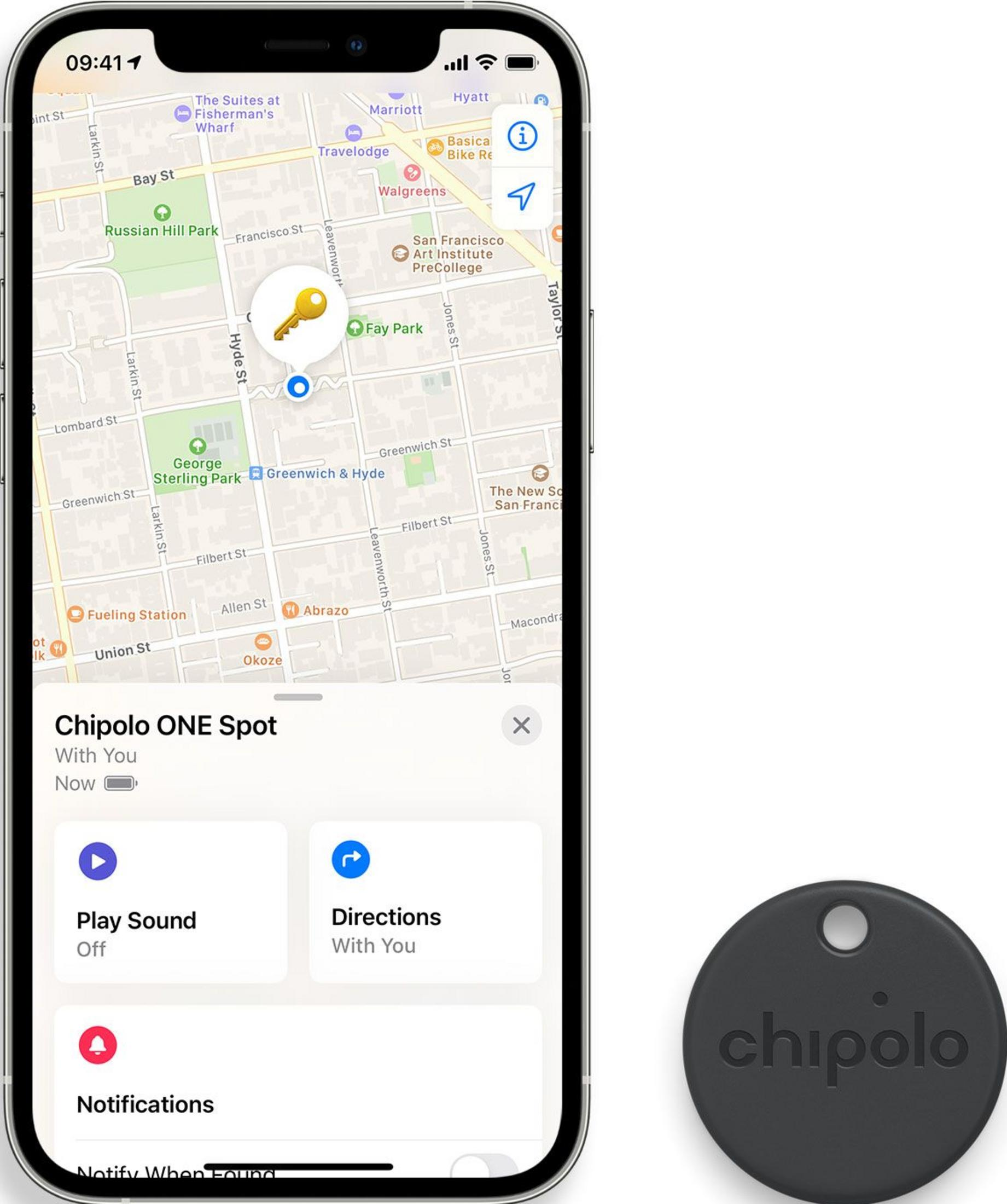 iPhone shows map of SF with Chipolo tracker location & black Chipolo tracker.