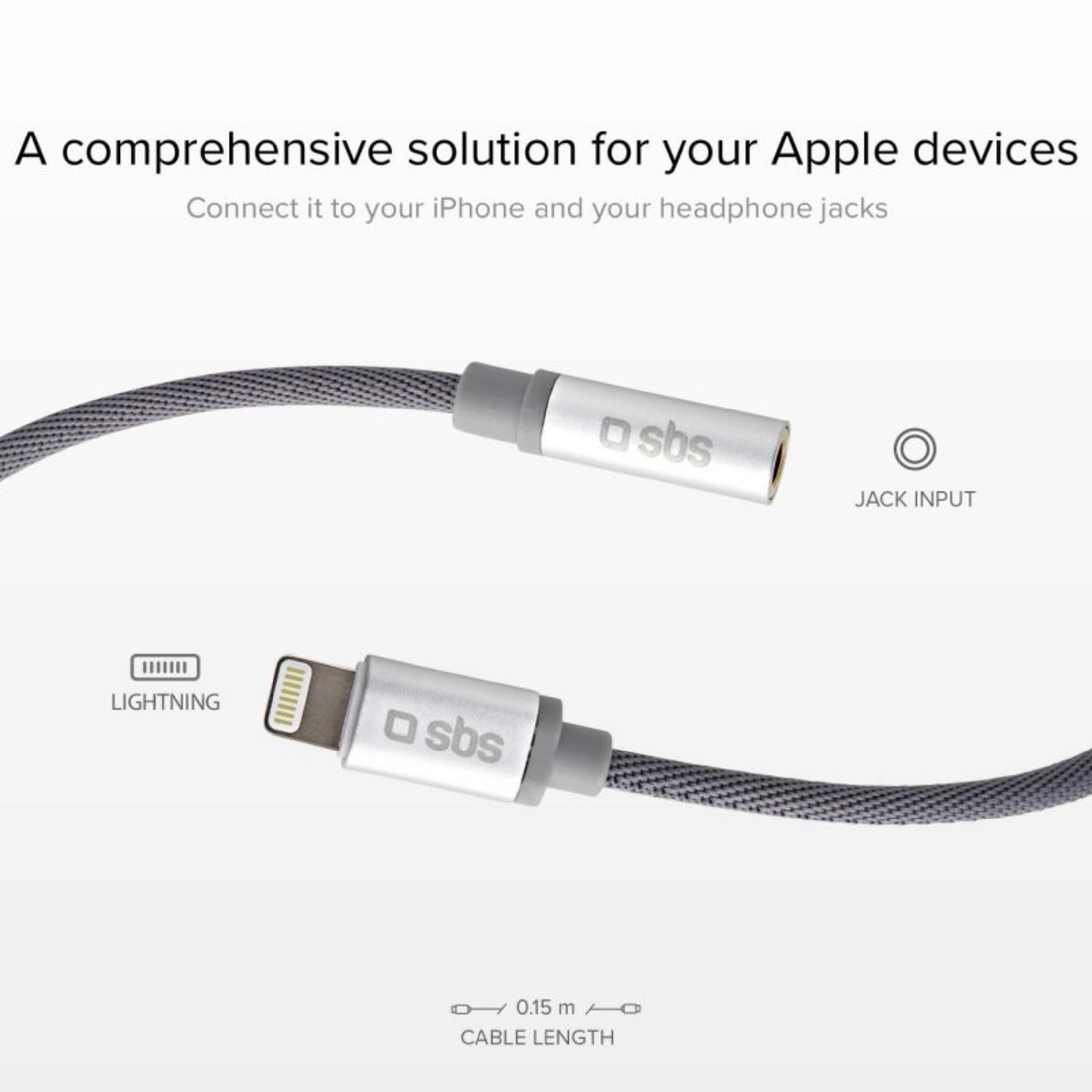 Un cavo intrecciato grigio collega un connettore Lightning a un connettore jack da 3,5 mm.