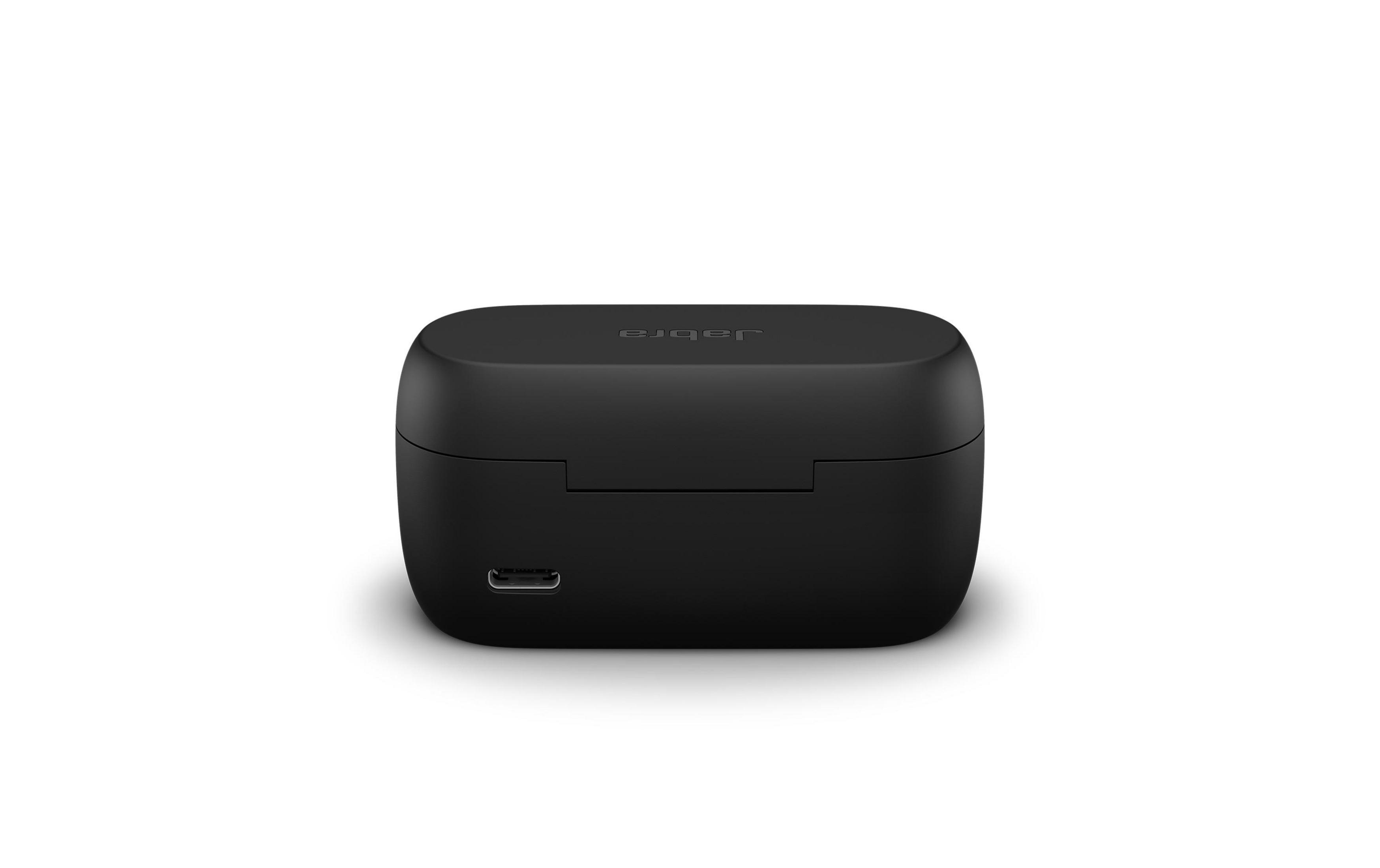 Schwarzes Jabra Ladeetui mit USB-C-Anschluss und Logo.