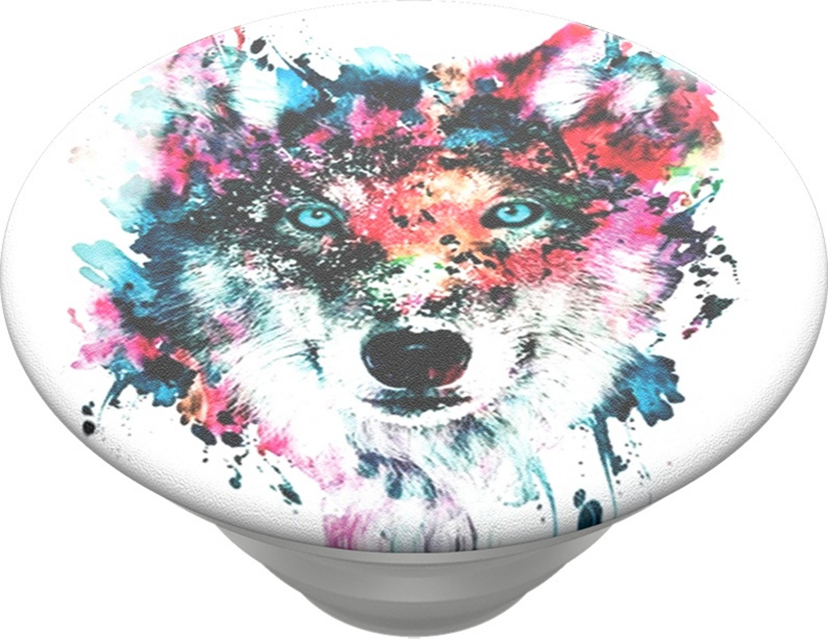 Ein Wolfskopf mit blauen Augen, bemalt in bunten Aquarellspritzern.