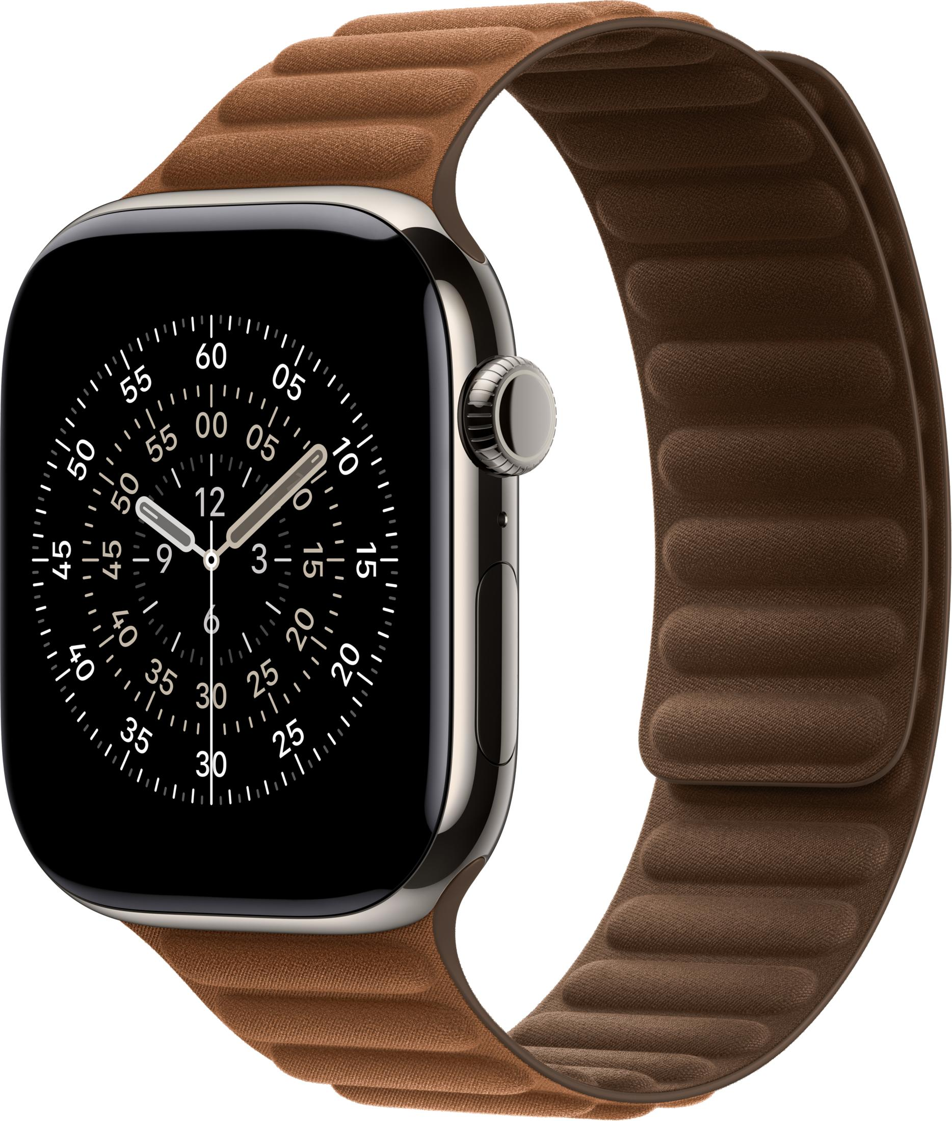 Uno smartwatch argentato con cinturino marrone e quadrante nero.