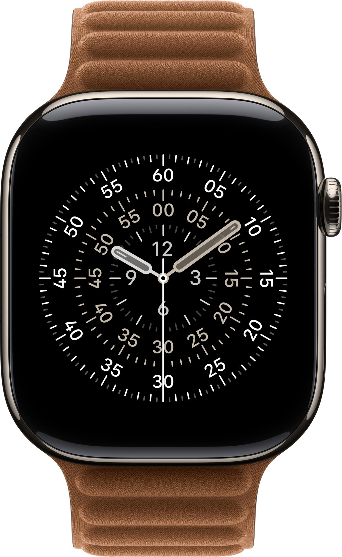 Primo piano di uno smartwatch con cinturino in pelle marrone e quadrante nero.