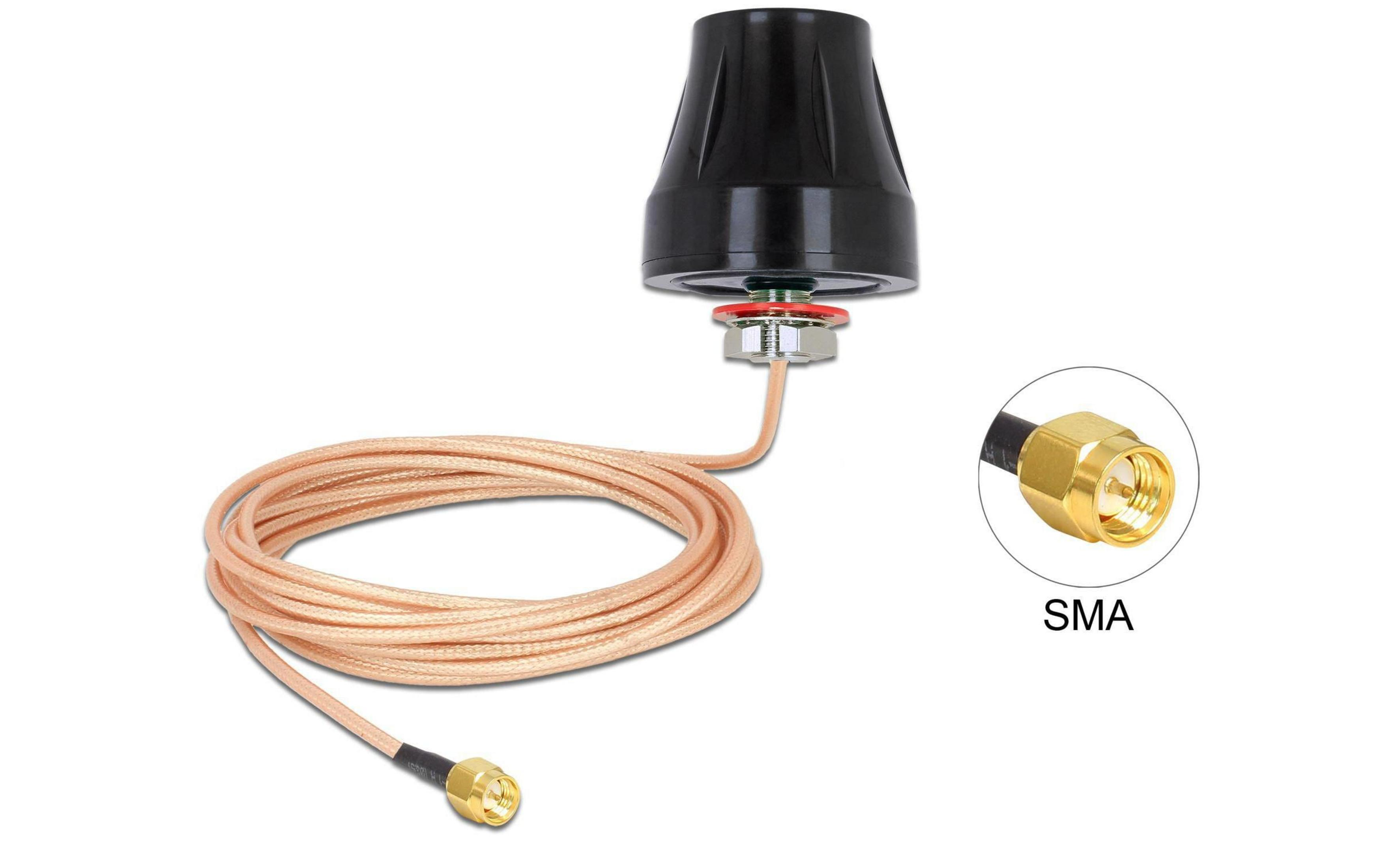 Base antenna nera con cavo e connettore SMA, su sfondo bianco.