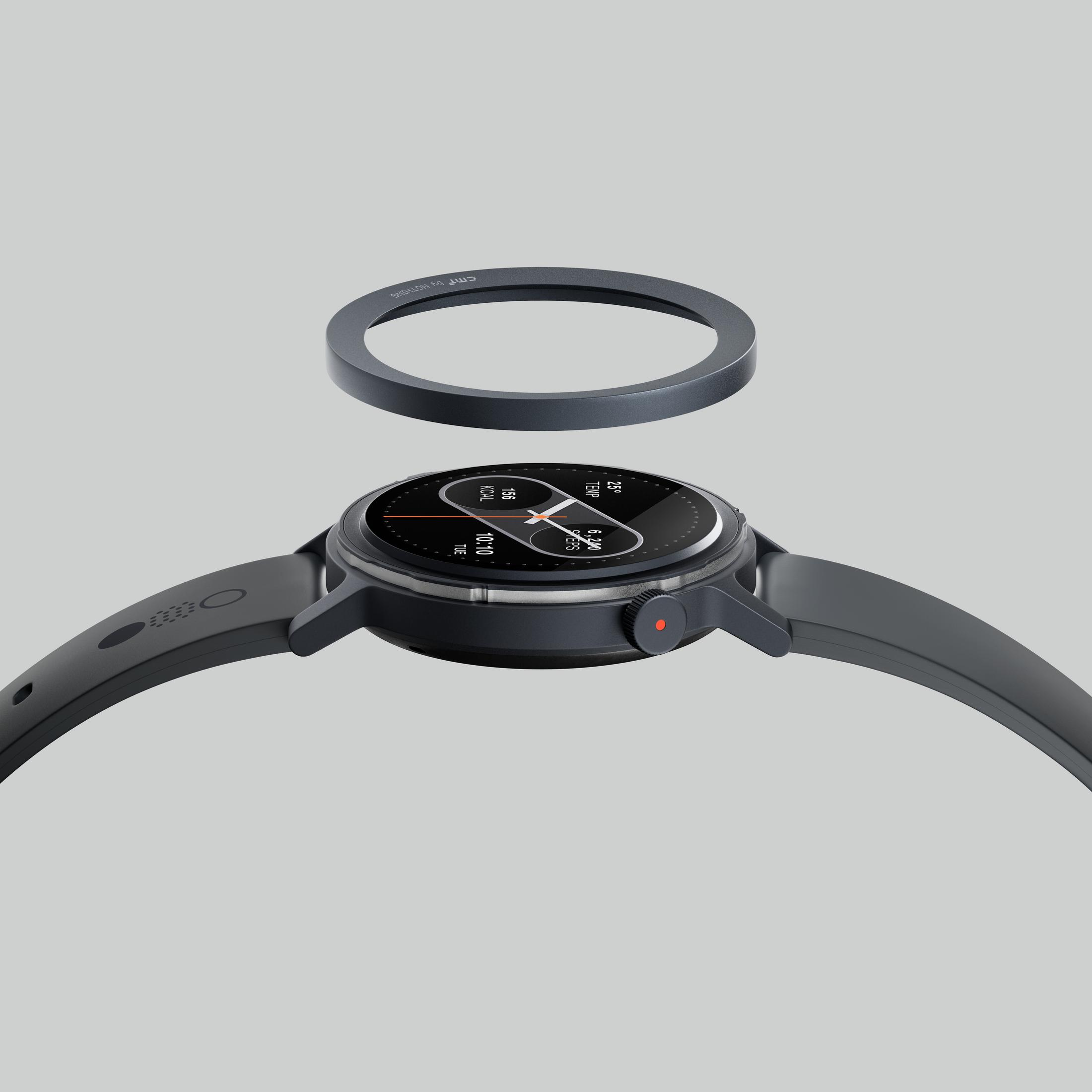 Ciemny wyświetlacz smartwatcha pokazujący godzinę, kalorie, kroki i temperaturę.