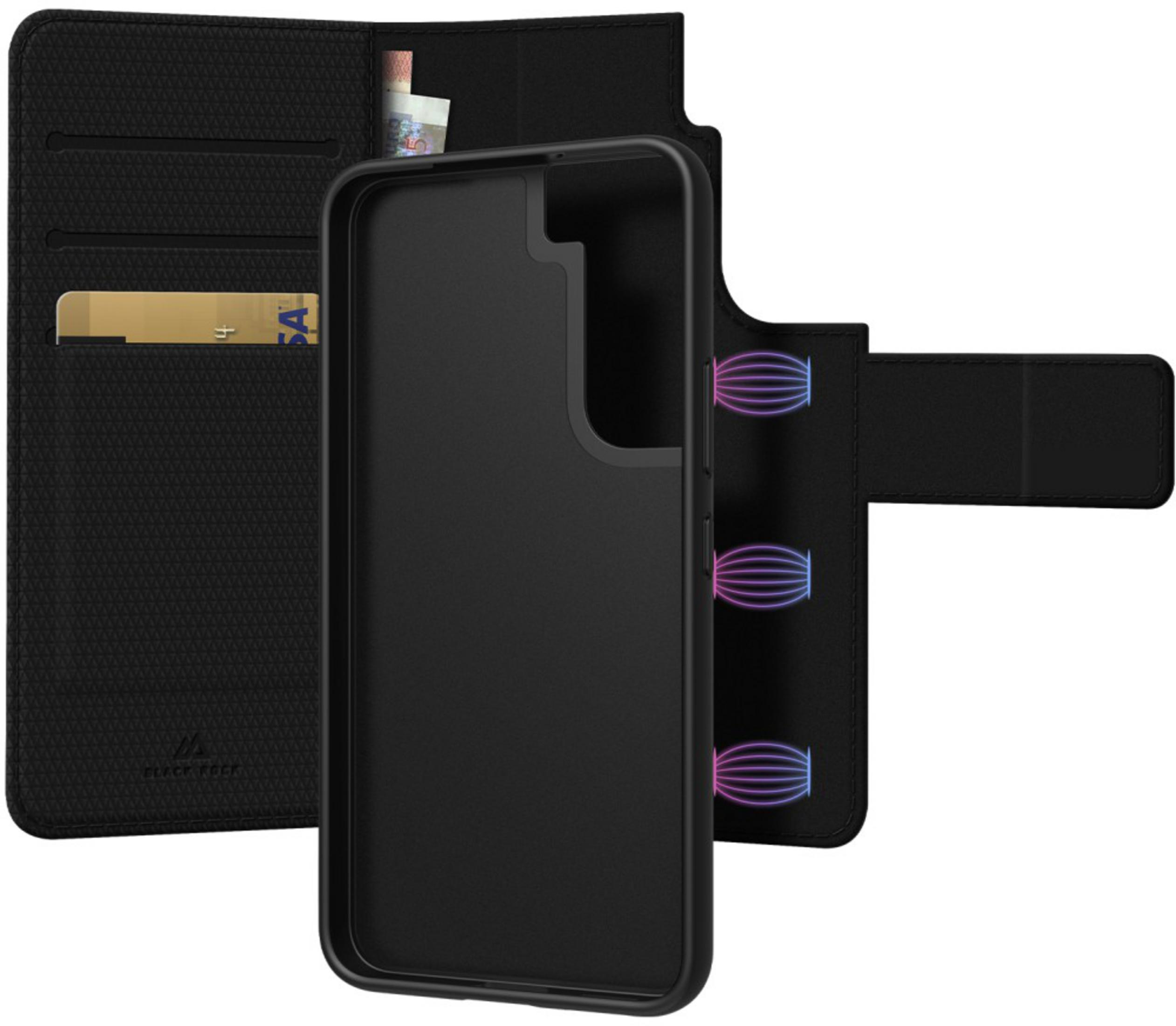 Custodia nera per telefono con slot per carte e scomparto per contanti.