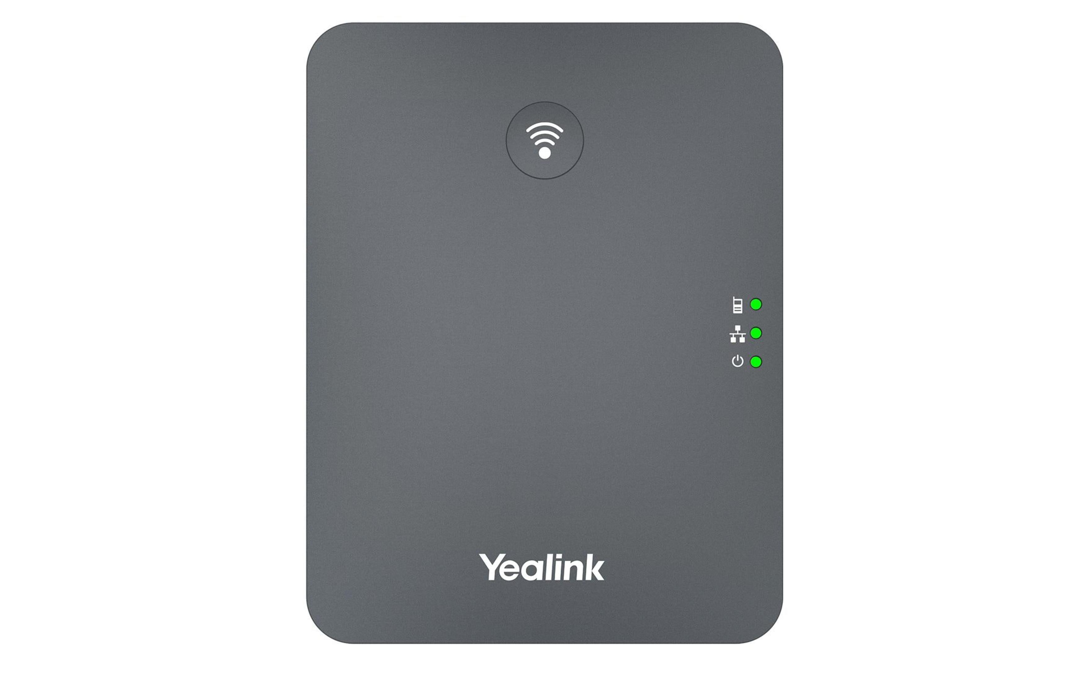 Dispositivo Yealink grigio con simbolo Wi-Fi e luci verdi.