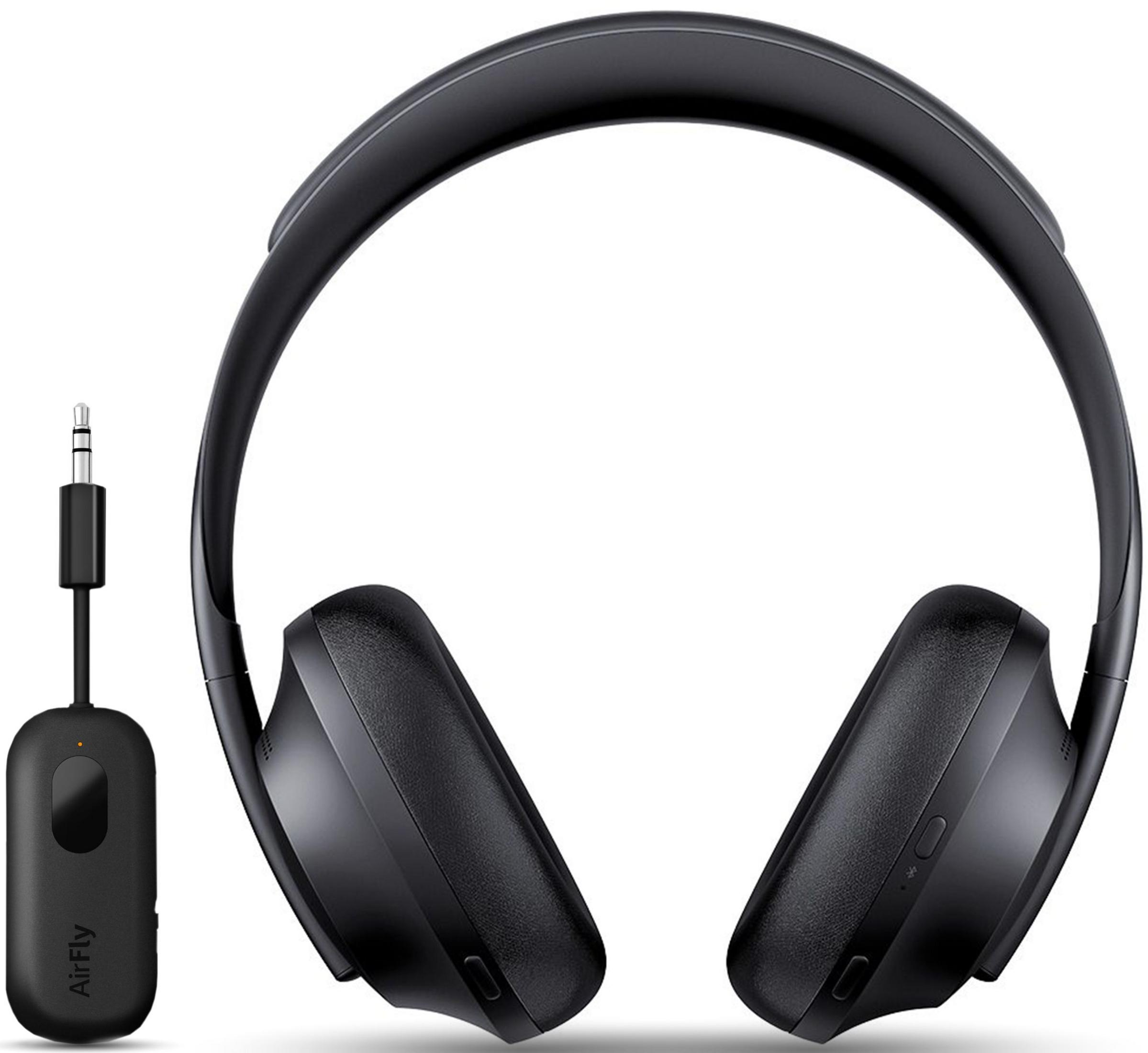 Schwarze Kopfhörer mit 3,5-mm-Klinkenstecker-Adapter und AirFly-Marke.