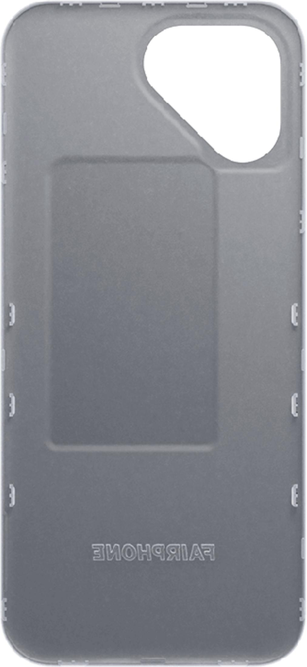 Graue Handyhülle mit Kameraaussparung und "FAIRPHONE"-Logo.