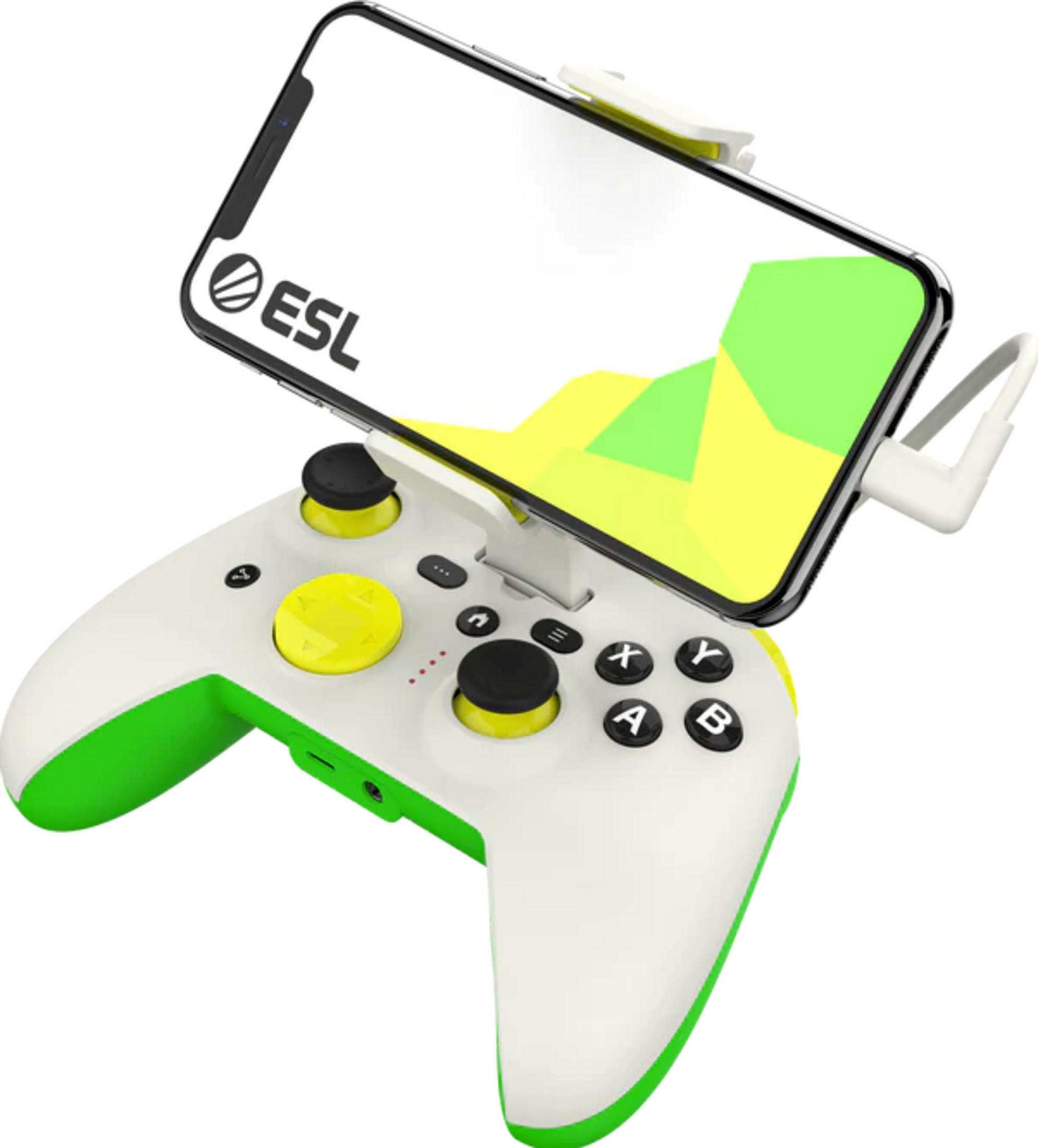 Ein weißer Controller mit grünen Akzenten, der ein Smartphone hält.