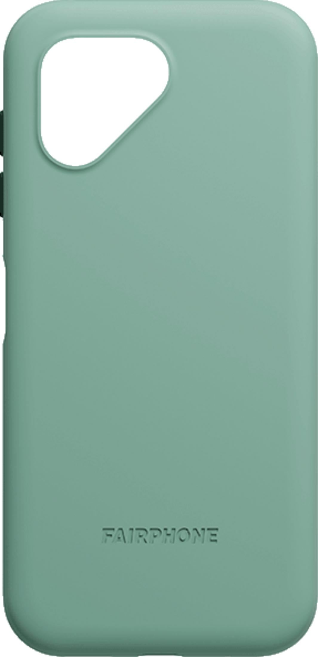 Coque de téléphone verte avec logo Fairphone et découpe caméra.