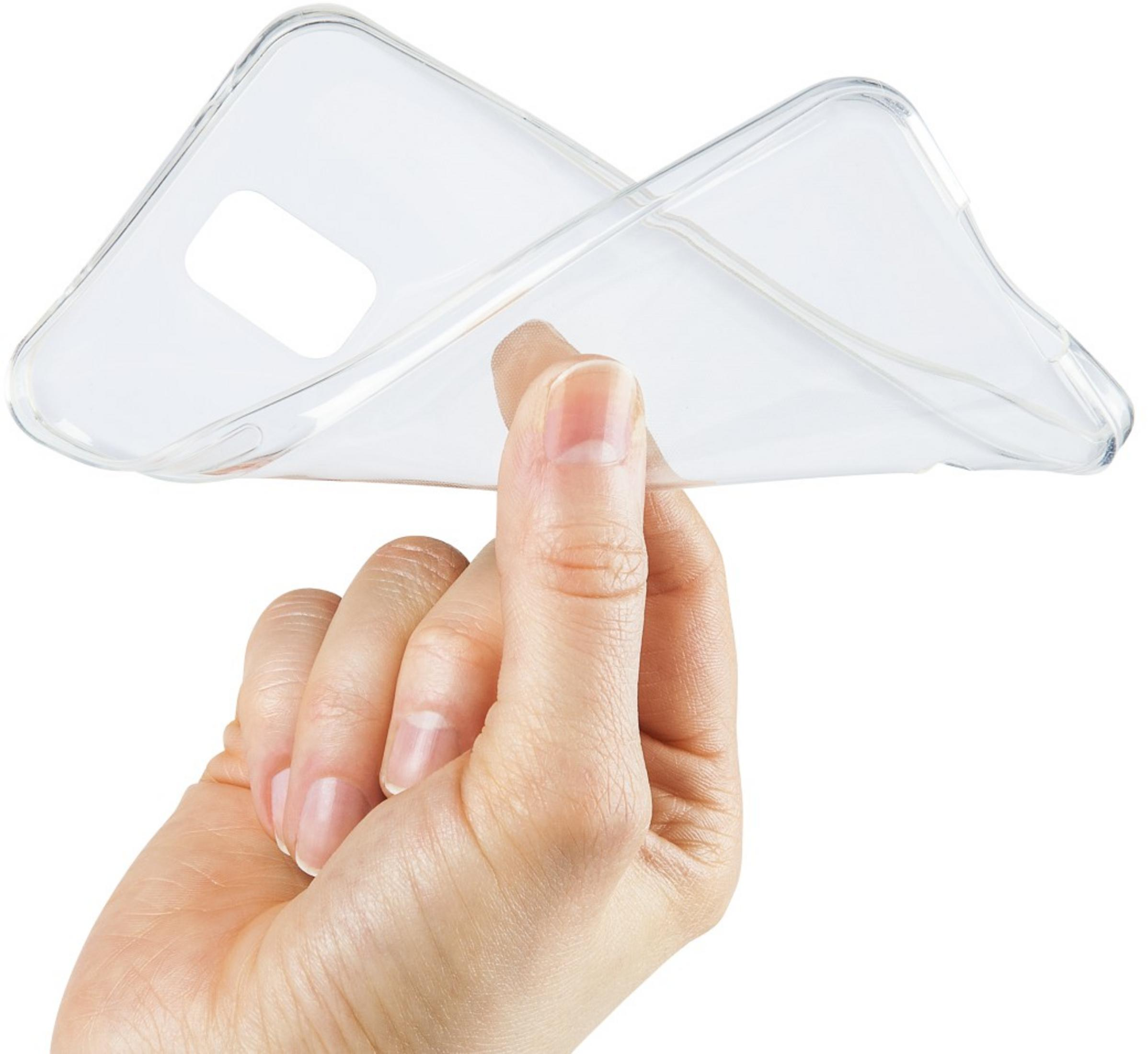 Dłoń trzyma przezroczyste etui na telefon.