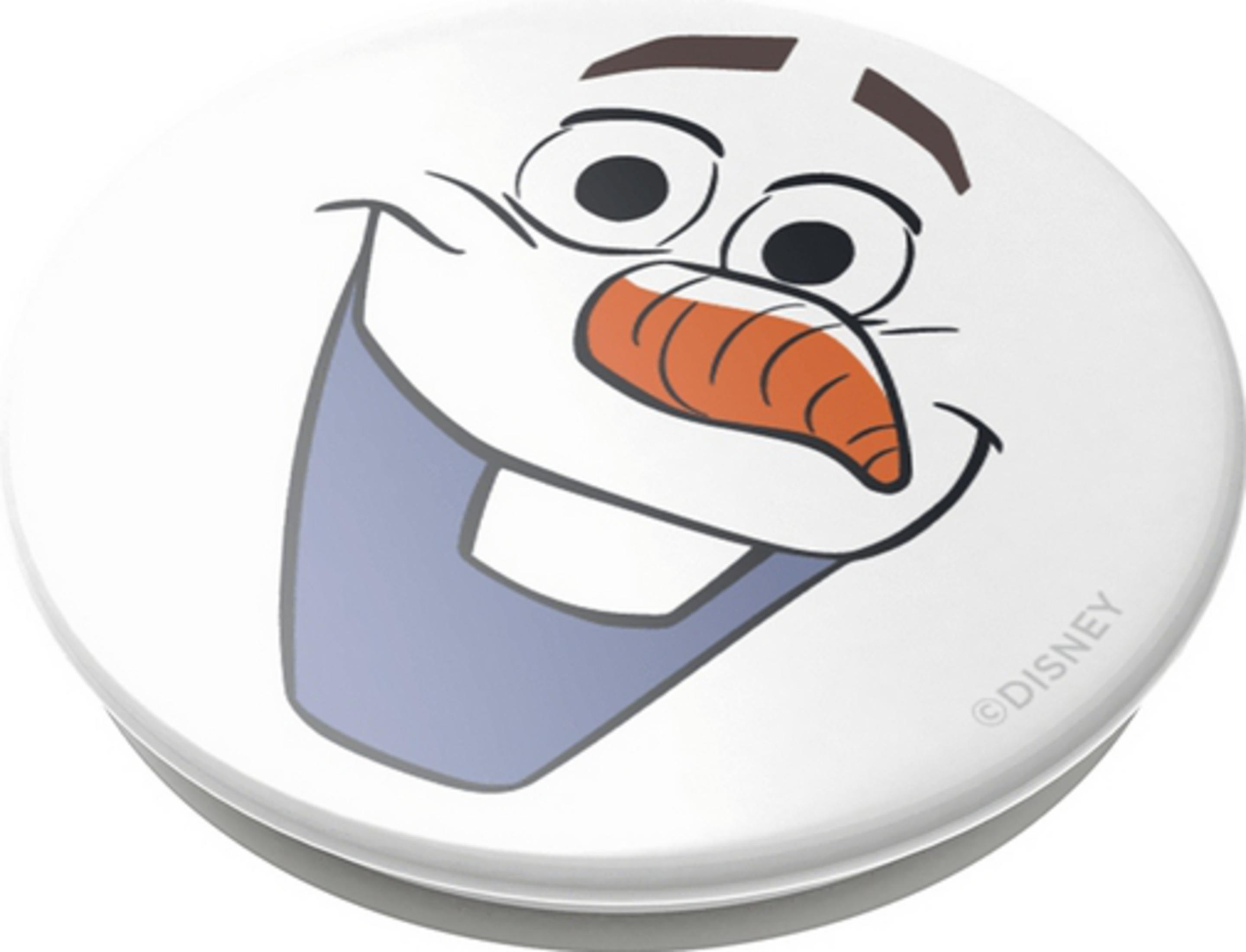Círculo blanco con la cara de Olaf y texto del logo de Disney.