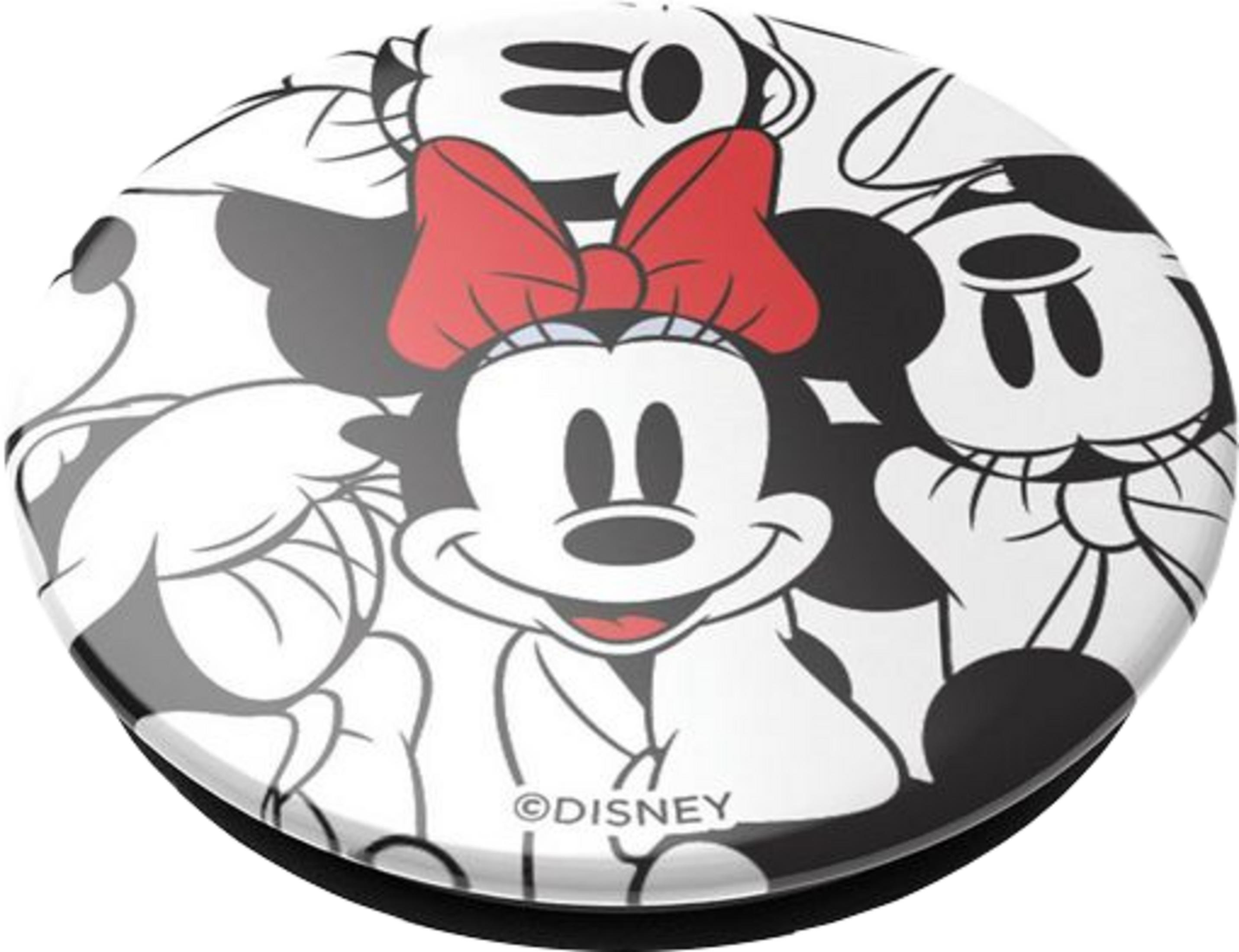 Minnie Maus mit rotem Schleifchen und Freunden in Schwarz-Weiß.