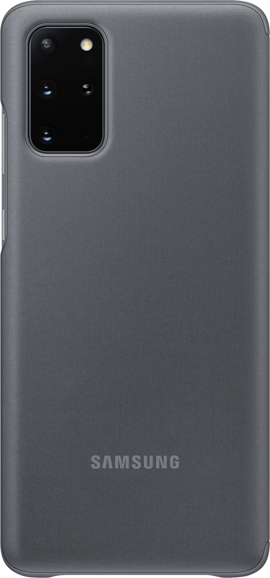 Custodia grigio scuro con ritaglio fotocamera e logo Samsung.