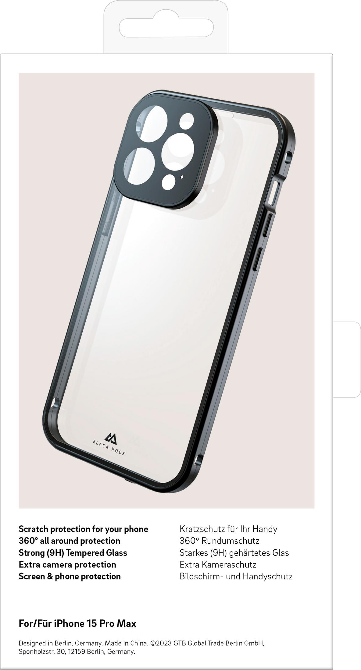 Custodia nera per iPhone 15 Pro Max con protezione fotocamera.
