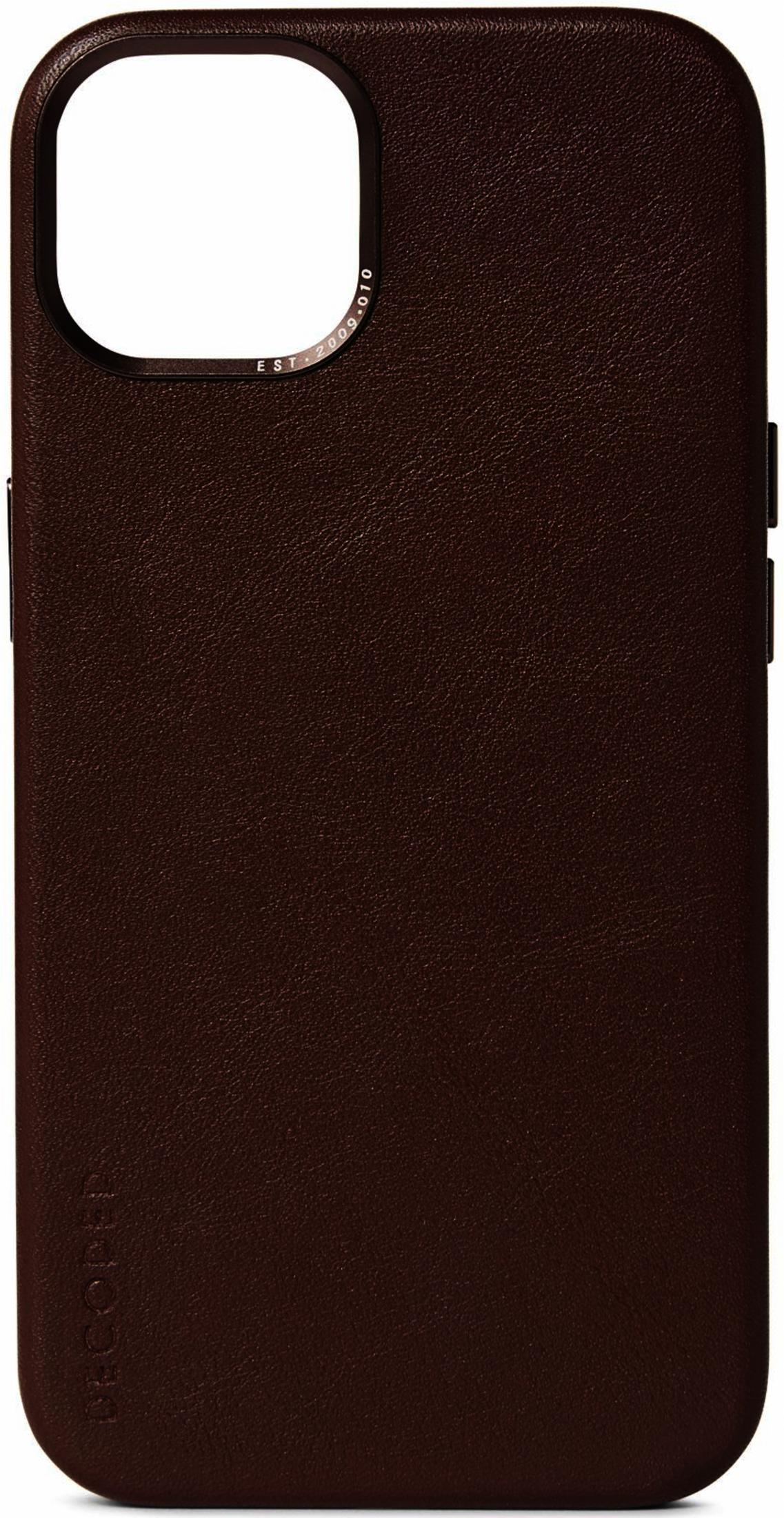 Dunkelbraune Lederhülle für iPhone mit Kameraausschnitt und Logo.