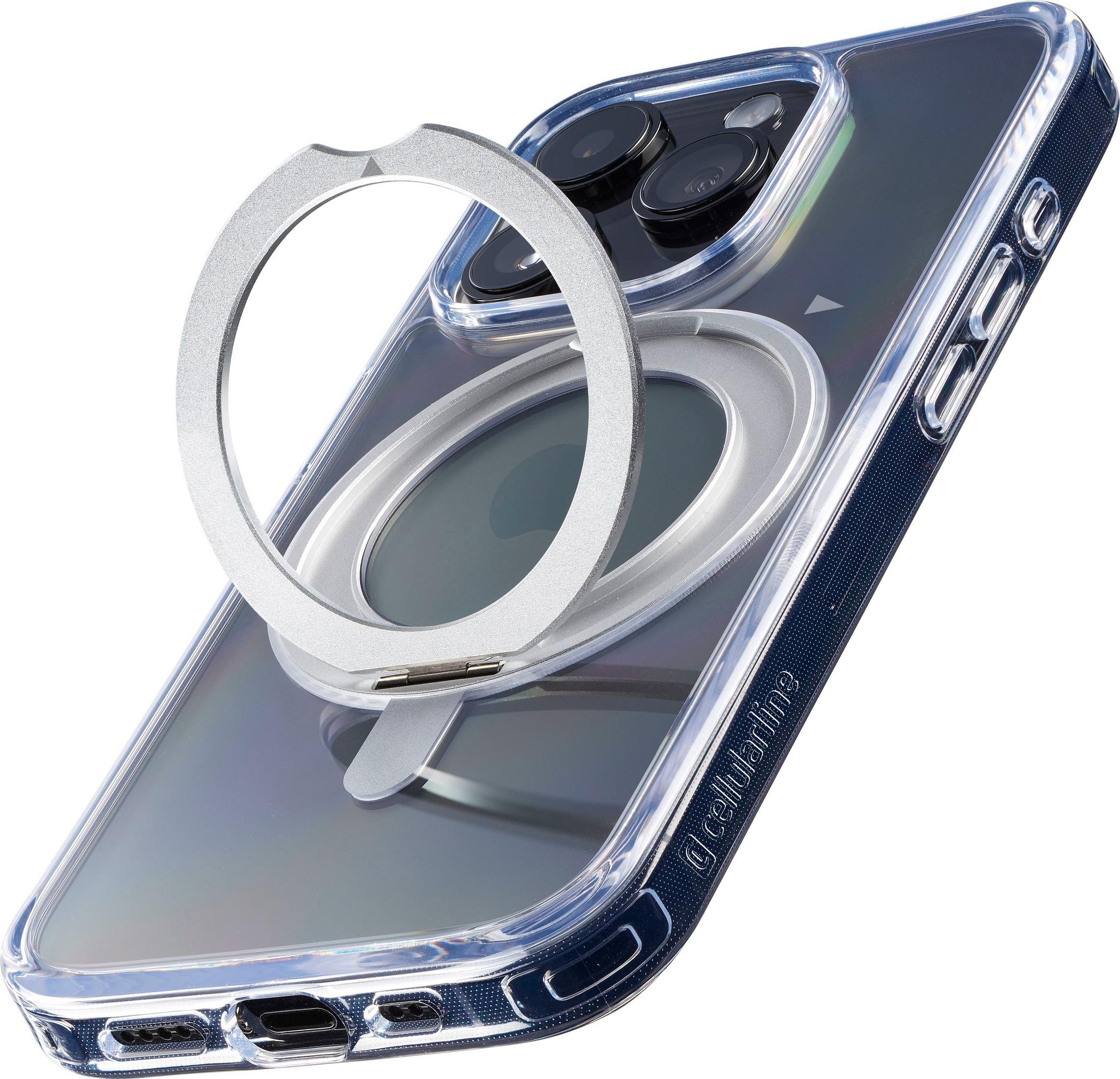 Coque de téléphone transparente avec support bague argenté et bordure sombre.