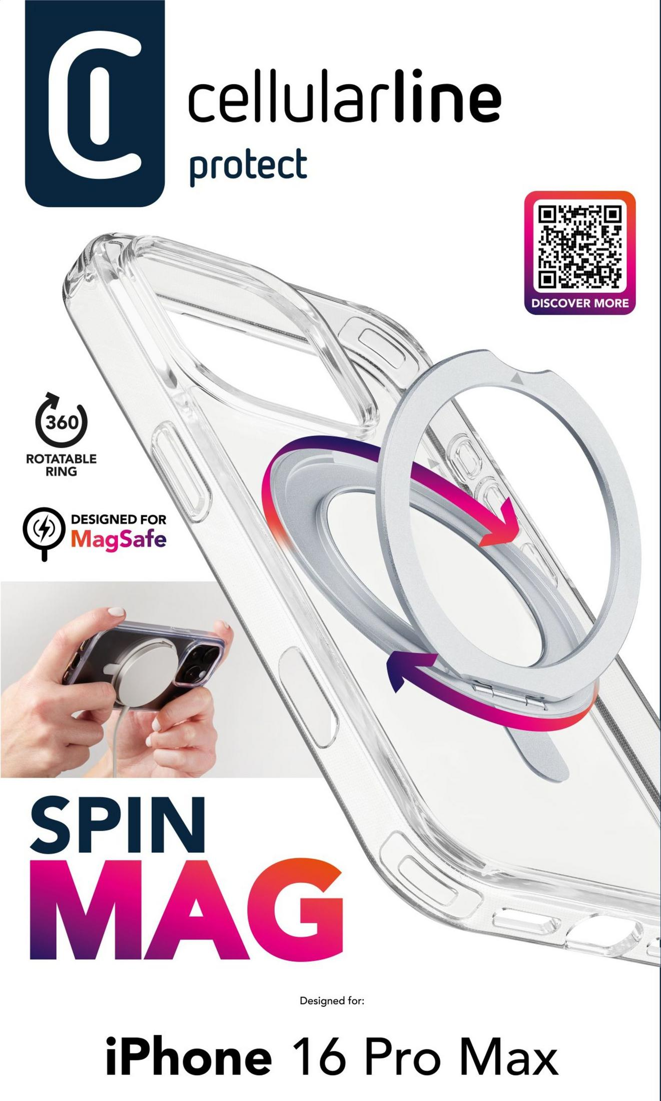 Coque Cellularline Spin Mag pour iPhone 16 Pro Max avec anneau rotatif.